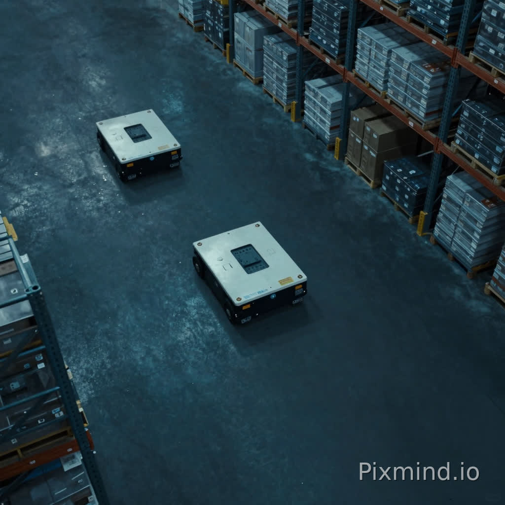 帮我生成图片:aerial view of automated warehouse, dark blue tone, AGV robots, cinematic lighting, flat lay,比例 「16:9」