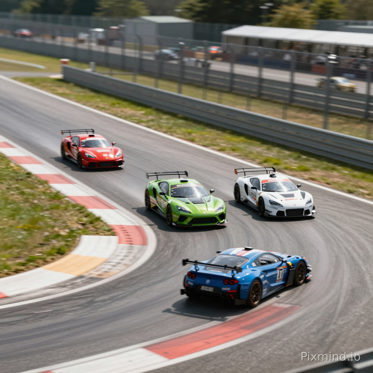 Circuito de Scalextric Advance, con 3 coches corriendo, desde una perspectiva a ras de pista, a la altura de los coches, estilo fotorrealista.