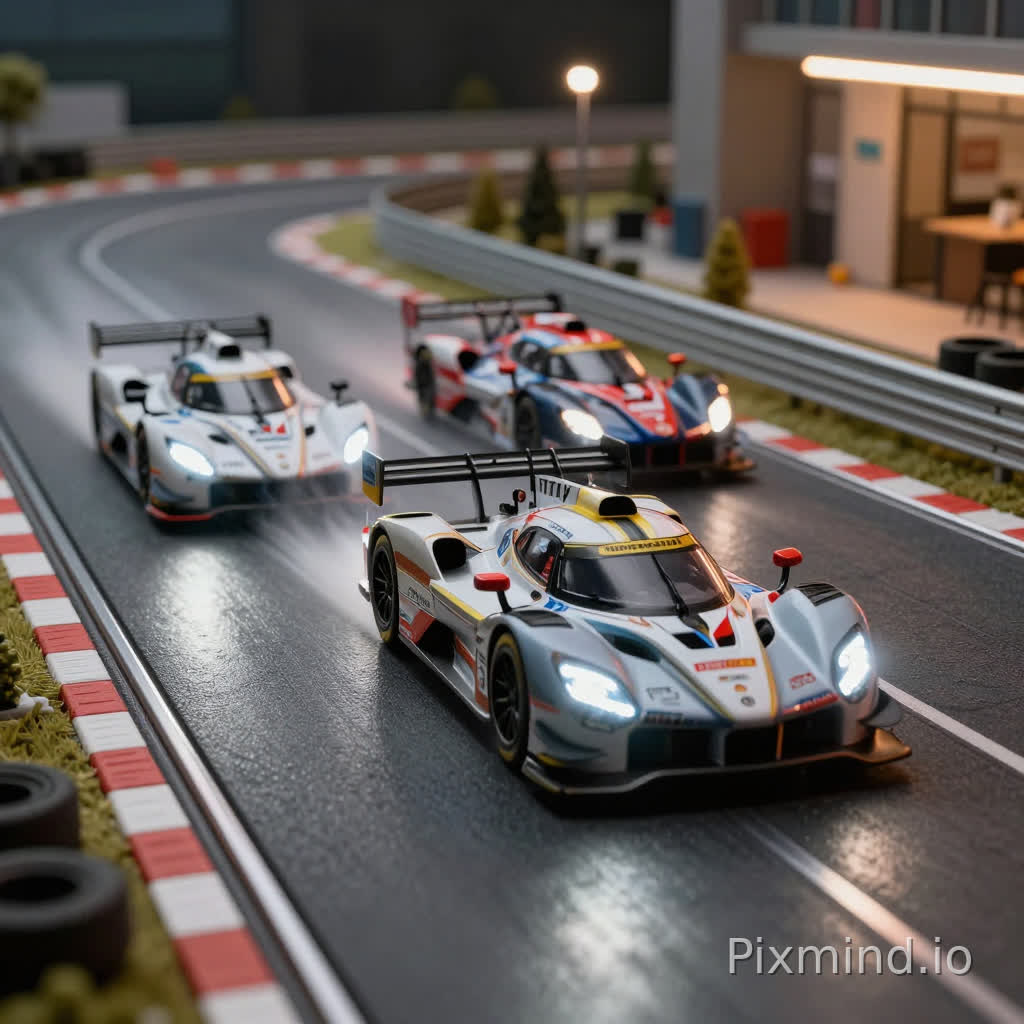 A hyper-realistic 1:32 scale slot car racing scene, capturing three high-performance GT racing cars in a high-speed chase on a professional digital circuit. The perspective is a dramatic low-angle macro shot, positioned exactly at track level to emphasize speed and intensity. The cars feature intricate racing liveries, glowing LED headlights, and realistic rubber tire textures with subtle motion blur. The track is a detailed digital slot system with textured dark grey plastic surfaces and conductive steel rails. The background features miniature scale scenery including Armco guardrails with sponsor logos, tiny tire walls, and a soft-focus hobby room environment. Lighting is dynamic, with sharp reflections on the polished car bodies and a warm glow from miniature trackside floodlights. Masterpiece quality, 8k, cinematic composition, shallow depth of field, sharp focus on the leading car, ray-traced reflections, photorealistic textures.