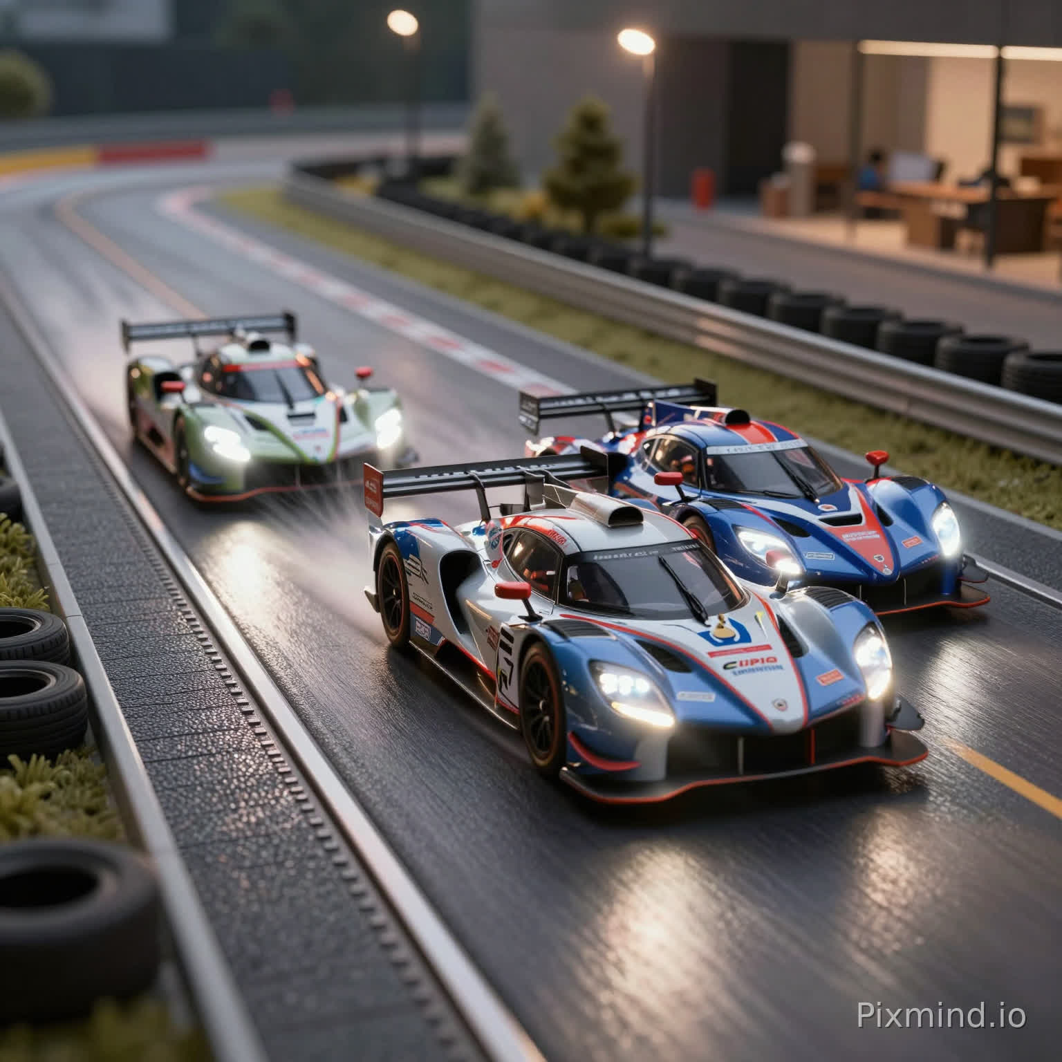 A hyper-realistic 1:32 scale slot car racing scene, capturing three high-performance GT racing cars in a high-speed chase on a professional digital circuit. The perspective is a dramatic low-angle macro shot, positioned exactly at track level to emphasize speed and intensity. The cars feature intricate racing liveries, glowing LED headlights, and realistic rubber tire textures with subtle motion blur. The track is a detailed digital slot system with textured dark grey plastic surfaces and conductive steel rails. The background features miniature scale scenery including Armco guardrails with sponsor logos, tiny tire walls, and a soft-focus hobby room environment. Lighting is dynamic, with sharp reflections on the polished car bodies and a warm glow from miniature trackside floodlights. Masterpiece quality, 8k, cinematic composition, shallow depth of field, sharp focus on the leading car, ray-traced reflections, photorealistic textures. Los coches se desplazan por una hendidura a lo largo de los carriles, la cual tiene los carriles metálicos a sus lados