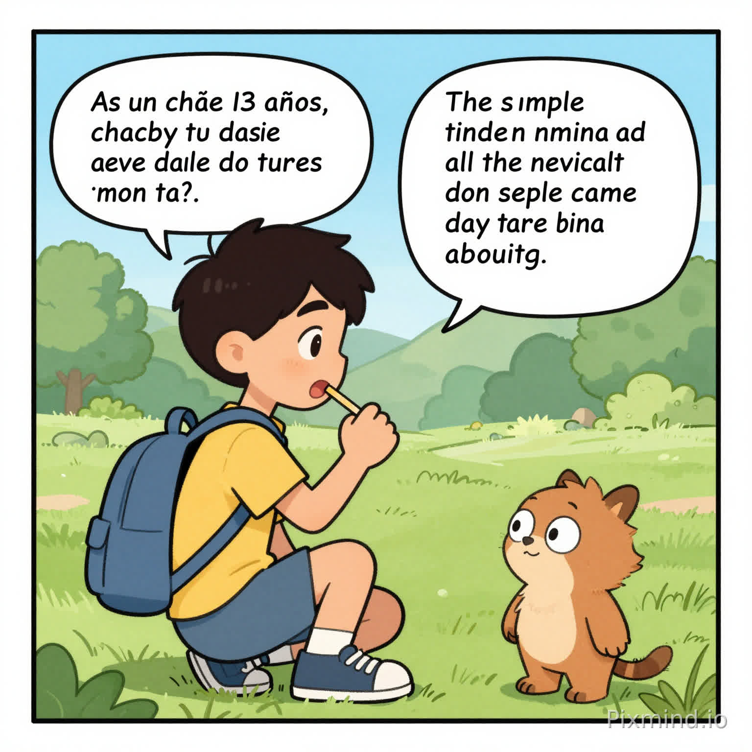 Un cómic de un chico de 13 años teniendo un día de aventura, en inglés sobre su daily routine, debe estar en presente simple y utilizar adverbios de frecuencia.