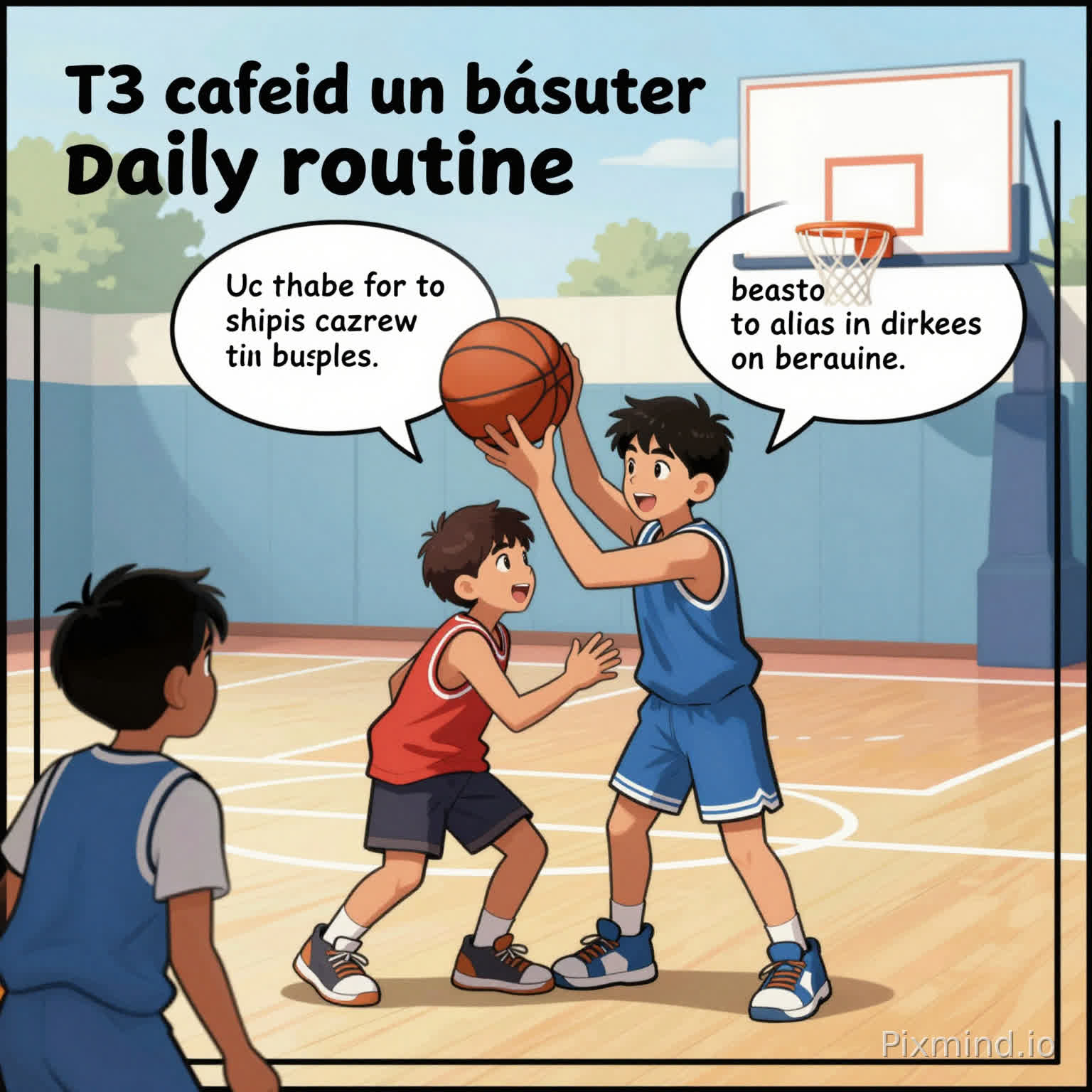 Un cómic de un chico de 13 años que le gusta el básquet teniendo un día de aventura, en inglés sobre su daily routine, debe estar en presente simple y utilizar adverbios de frecuencia.