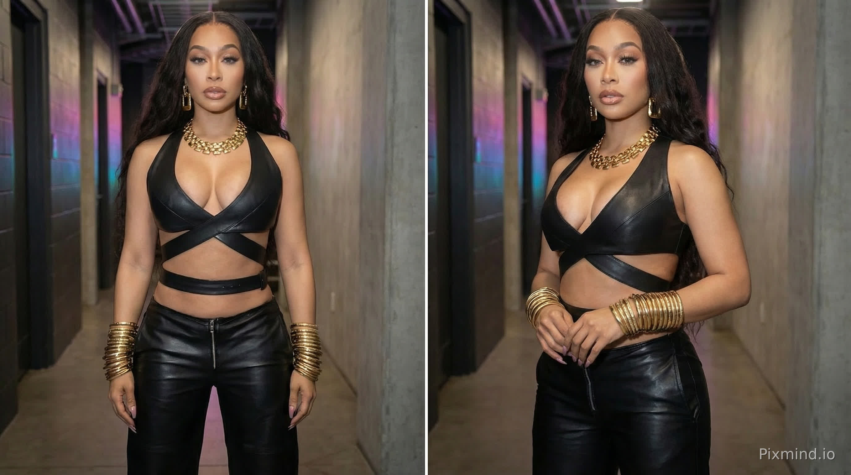 create a two angles images from head tp the knees image of the the woman in these images, sleeves less black clothes like in the images.
do not show image from the back side of her.
THE woman is wearing these large thick gold earrings from the image number 10 with a giant gold necklace from the image number 11, the earringS ARE place perfectly & realistic under her hair you can see just a glimpse of them & their thickness.
the woman also is wearring these thick gold bangles from the image number 12 on both wrist,the bangles gold bangles sliding down the arm is a tactile, almost musical experience that combines the weight of metal with the delicate anatomy of the wrist. As they move, the bangles create a "golden elegance," offering a "thoughtful and sentimental" feel.
Here is a sensory description of that movement:
The Initial Glide: The bangles feel smooth and cool as they first pass over the skin of the forearm, a "shiver" of metal that quickly warms to the body's temperature.
Touching the Knuckles: As they pass the base of the hand, they momentarily catch on the thumb knuckle, requiring a gentle twist—a "soft surface" approach—before sliding further. There is a sense of "tightening" here, a "performative wealth" that feels both secure and, at times, restrictive.
Resting on the Wrist Bones: When they settle, the rigid, "sculptural" metal rests against the "styloid process"—the protrusion of the wrist bone. The bangles "clink" softly against each other, a "comforting sound" that accentuates their weight.
The Final Feeling: The bangles "flow" past the knuckle, settling just above the wrist bones, neither too tight nor too loose. The feeling is "timeless," a "substantial," "meaningful" weight that creates a "360-degree" sensation of being adorned.