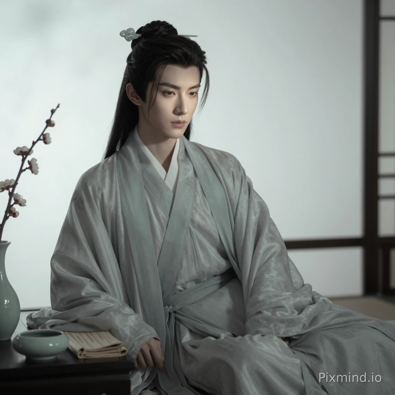 主体:面部轮廓棱角温润俊朗,妆容清透无粉黛,眼神清冷深邃且藏书卷气,气质矜贵疏离而温润,神情淡然沉静,发丝利落分明根根清晰。服装:浅灰石青色暗纹丝绸汉服长袍,剪裁利落极简,无繁复纹样装饰,面料垂坠挺括,银色玉质发簪束发,搭配简约流苏发饰,低调矜贵。场景:极简中式书斋,窗边静坐,配以青瓷笔洗、素色书卷与几枝寒梅,背景大面积留白,无冗杂陈设,营造清雅孤高的氛围。光影:柔和的侧逆光,包裹在朦胧柔光之中,无生硬强光,细腻复古胶片颗粒感,灰青、素白、浅墨色低饱和色调,立体感强烈,细节写实(丝绸纹理、发丝、玉簪光泽),高级雅致富有质感。技术风格:真人肖像,色彩雅致克制,细节精致考究。充满故事氛围感,“清冷世家贵公子” 风格,复古胶片颗粒质感,兼具深度东方美学。朦胧柔光效果,艺术化主光源塑造立体轮廓、细腻质感与柔和戏剧性明暗对比,构图优化。遵循三分法、留白与引导线经典构图原则,营造呼吸感与叙事张力。超写实级别细节,极致渲染面料纹理、金属反光与玉石通透感。和谐内敛的情绪色彩分级。8K 超高分辨率,超写实质感,震撼细节与东方艺术感染力,沉静疏离的情绪表达,幽暗朦胧美学风格。