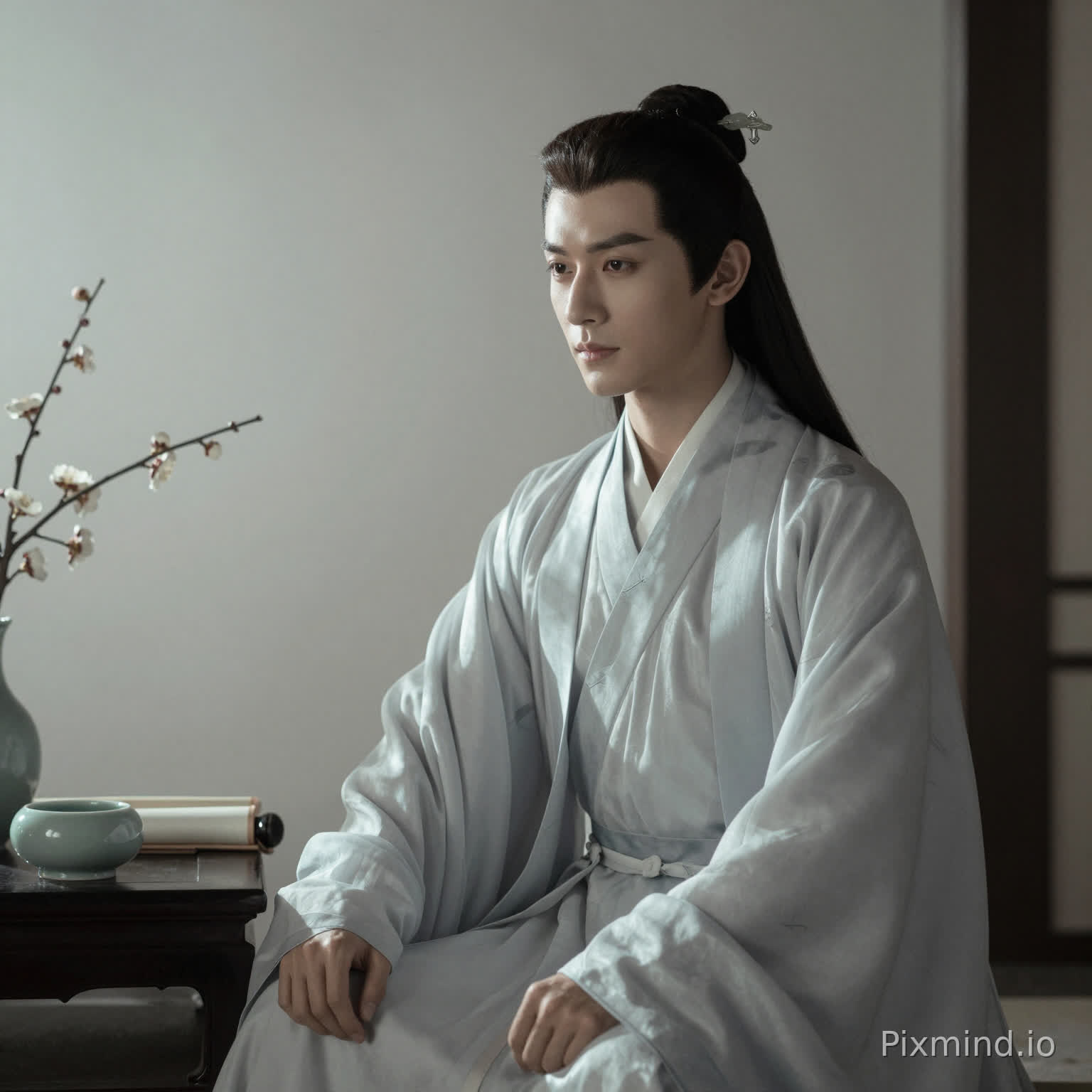 Subject: Refined and handsome facial contours with gentle angles, clear and natural makeup, cold and deep eyes with a scholarly air, noble and detached yet warm temperament, calm and serene expression, sharp and distinct hair strands.
Clothing: Light grayish-blue silk Hanfu robe with subtle dark patterns, minimalist and clean cut, no elaborate decorations, fabric is draping and crisp, hair secured with a silver and jade hairpin, paired with simple tassel accessories, understated and noble.
Scene: Minimalist Chinese study, sitting by the window, accompanied by a celadon brush washer, plain scrolls, and several sprigs of winter plum blossoms, extensive negative space in the background, no cluttered furnishings, creating a refined and solitary atmosphere.
Lighting and Shadow: Soft side-backlighting, enveloped in a hazy soft glow, no harsh glare, fine retro film grain, low-saturation tones of gray-blue, off-white, and light ink, strong dimensionality, realistic details (silk texture, hair strands, jade luster), high-end, elegant, and textured.
Technical Style: Realistic portrait, elegant and restrained colors, exquisite and sophisticated details. Cinematic storytelling atmosphere, "Noble Scion of a Prestigious Clan" style, retro film grain texture, deep Eastern aesthetics. Hazy soft light effect, artistic main light source shaping three-dimensional contours, fine texture, and soft dramatic chiaroscuro. Optimized composition following the rule of thirds, negative space, and leading lines to create breathing room and narrative tension. Hyper-realistic details, extreme rendering of fabric textures, metallic reflections, and jade translucency. Harmonious and introverted color grading. 8K ultra-high resolution, hyper-realistic texture, stunning details with Eastern artistic appeal, quiet and detached emotional expression, dark and hazy aesthetic style.