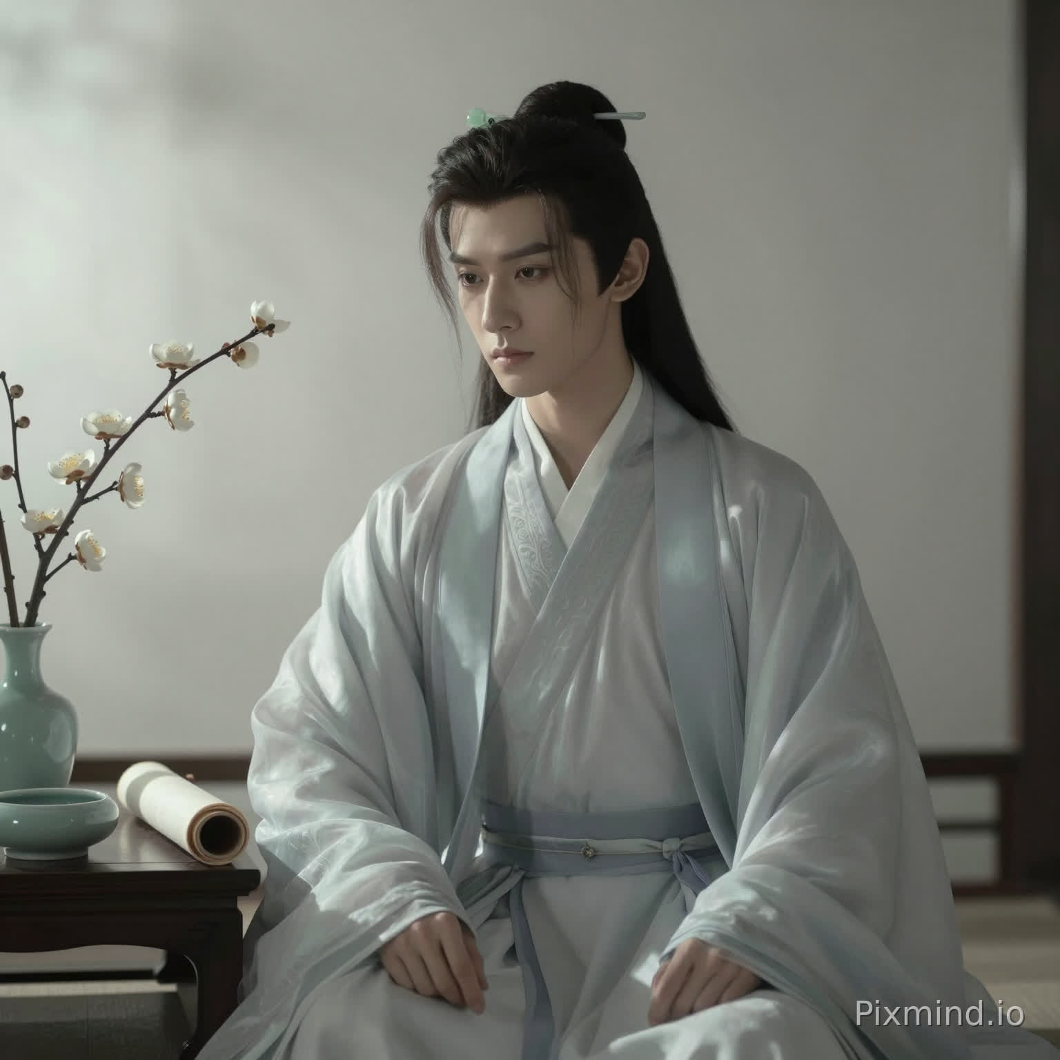 主体:轮廓精致俊朗,线条柔和,妆容清透自然,双眸清冷深邃且富有书卷气,气质高贵脱俗而又不失温润,神情淡然宁静,发丝根根分明。
服装:浅灰蓝色真丝汉服长袍,暗纹内敛,剪裁简约利落,无繁复装饰,面料垂顺挺括,发髻以玉发簪束起,配以简约流苏饰物,低调而尊贵。
场景:极简中式书房,窗前而坐,侧旁点缀青瓷笔洗、素色卷轴及几支腊梅,背景大面积留白,无杂乱陈设,营造出清雅孤傲的意境。
光影:柔和侧逆光,笼罩在朦胧柔光中,无刺眼强光,细腻的复古胶片颗粒,灰蓝、米白、浅墨色的低饱和度色调,立体感强,细节写实(丝绸质感、发丝、玉石光泽),高级典雅且富有质感。
技术风格:写实人像,色彩典雅内敛,细节精致考究。电影叙事感氛围,“世家贵公子”风格,复古胶片颗粒感,深沉的东方美学。朦胧柔光效果,艺术化主光源塑造立体轮廓,纹理细腻,柔和且具戏剧感的明暗对比。遵循三分法、留白和引导线的优化构图,营造呼吸感与叙事张力。超写实细节,面料质感、金属反光与玉石通透感的极致渲染。色调和谐内敛。8K超高分辨率,超真实质感,富有东方艺术感染力的惊艳细节,静谧超脱的情绪表达,幽暗朦胧的美学风格。