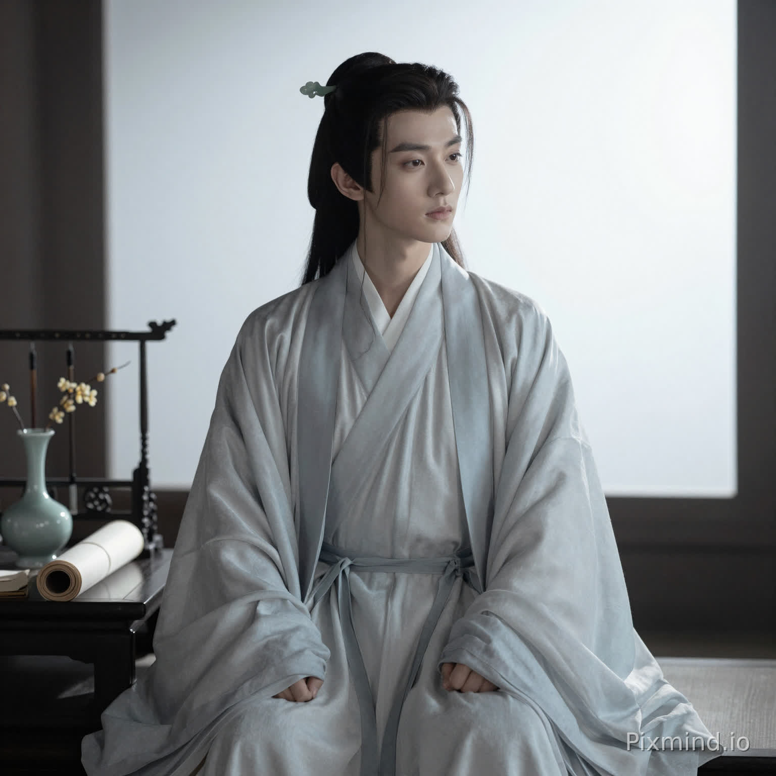 Subject: Features are exquisite and handsome with soft lines; makeup is clear and natural; eyes are cool, deep, and scholarly; the temperament is noble and refined yet gentle; the expression is calm and serene; individual hair strands are distinct.
Clothing: Light grayish-blue silk Hanfu robe with subtle hidden patterns, featuring simple and sharp tailoring without complex decorations; the fabric is draped and crisp; hair is gathered in a bun with a jade hairpin and accented with simple tassel ornaments, low-key yet distinguished.
Scene: Minimalist Chinese-style study; sitting by the window, flanked by a celadon brush washer, plain scrolls, and a few sprigs of wintersweet; the background features large areas of white space (liu-bai) without clutter, creating an elegant and aloof atmosphere.
Lighting: Soft side-backlighting, enveloped in a hazy soft glow without harsh glare; fine vintage film grain; a low-saturation palette of grayish-blue, off-white, and light ink; strong three-dimensionality with realistic details (silk texture, hair strands, jade luster); high-end, elegant, and textured.
Technical Style: Realistic portrait with elegant and restrained colors and exquisite, meticulous details. Cinematic narrative atmosphere, "noble scion" style, vintage film grain, and deep Oriental aesthetics. Hazy soft light effect with an artistic main light source shaping three-dimensional contours; fine textures with soft yet dramatic contrast. Composition follows the rule of thirds, white space, and leading lines to create a sense of breathing room and narrative tension. Hyper-realistic details with extreme rendering of fabric texture, metallic reflections, and jade translucency. Harmonious and restrained tones. 8K ultra-high resolution, ultra-real texture, stunning details with Oriental artistic appeal, serene and transcendent emotional expression, and a dark, hazy aesthetic style.