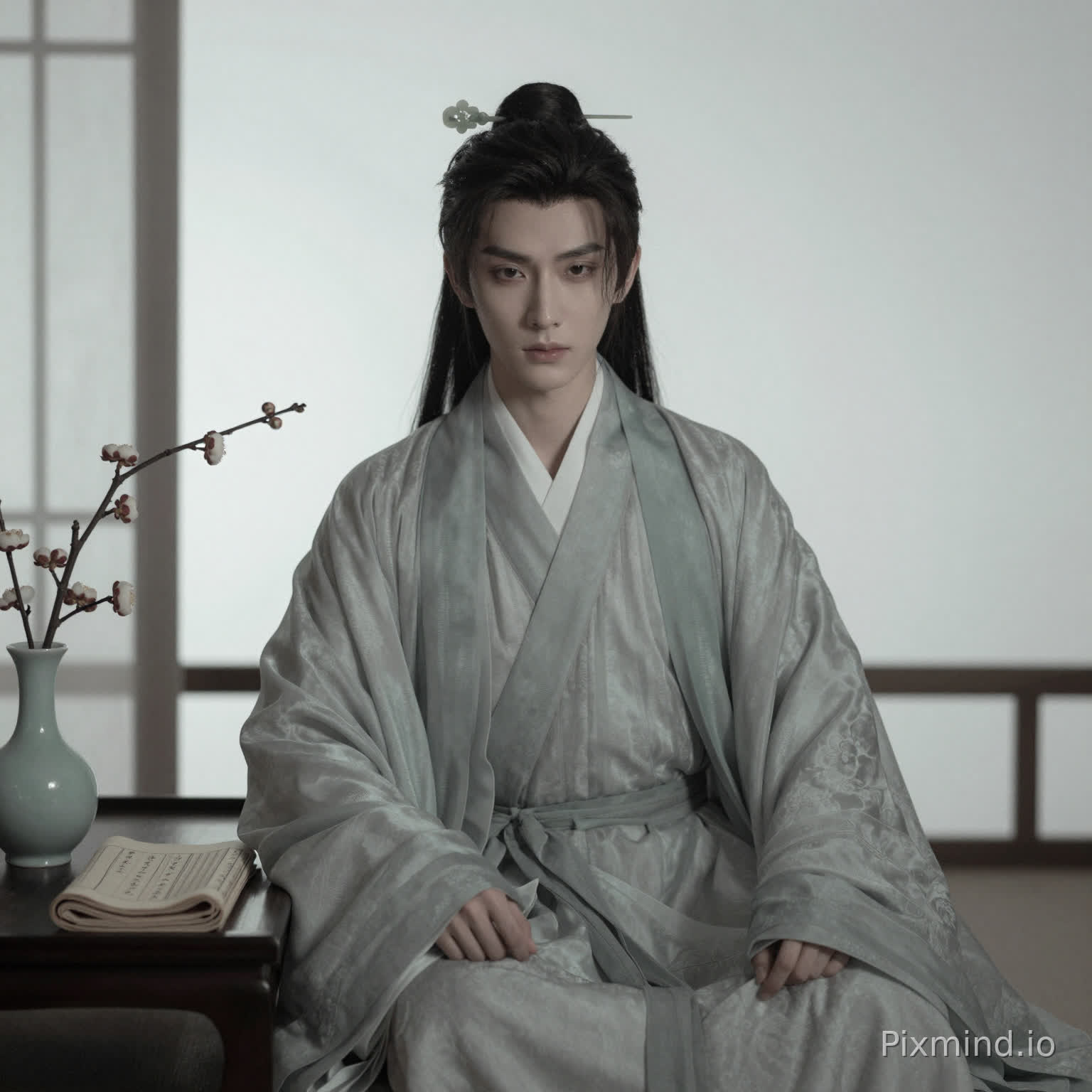 主体:面部轮廓棱角温润俊朗,妆容清透无粉黛,眼神清冷深邃且藏书卷气,气质矜贵疏离而温润,神情淡然沉静,发丝利落分明根根清晰。
服装:浅灰石青色暗纹丝绸汉服长袍,剪裁利落极简,无繁复纹样装饰,面料垂坠挺括,玉质发簪束发,低调矜贵。
场景:极简中式书斋,窗边静坐,配以青瓷笔洗、素色书卷与几枝寒梅,背景大面积留白,无冗杂陈设,营造清雅孤高的氛围。
光影:柔和的侧逆光,包裹在朦胧柔光之中,无生硬强光,细腻复古胶片颗粒感,灰青、素白、浅墨色低饱和色调,立体感强烈,细节写实(丝绸纹理、发丝、玉簪光泽),高级雅致富有质感。
技术风格:真人肖像,色彩雅致克制,细节精致考究。充满故事氛围感,“清冷世家贵公子” 风格,复古胶片颗粒质感,兼具深度东方美学。朦胧柔光效果,艺术化主光源塑造立体轮廓、细腻质感与柔和戏剧性明暗对比,构图优化。遵循三分法、留白与引导线经典构图原则,营造呼吸感与叙事张力。超写实级别细节,极致渲染面料纹理、金属反光与玉石通透感。和谐内敛的情绪色彩分级。8K 超高分辨率,超写实质感,震撼细节与东方艺术感染力,沉静疏离的情绪表达,幽暗朦胧美学风格。