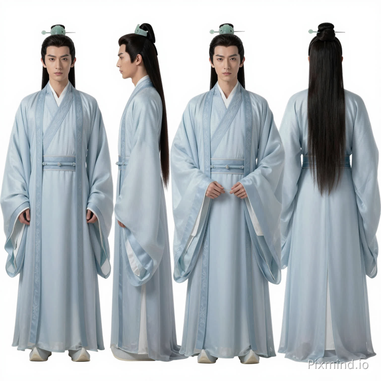 I. Core Full Version Prompt
8K Ultra HD photorealistic, ancient style character design sheet, pure white clean background, a noble, aloof, elegant, and refined ancient Eastern noble gentleman with a cold temperament. Facial contours are well-defined yet soft and handsome, with minimalist and clean grooming. Cold, deep, and scholarly gaze. Noble and detached temperament, calm and indifferent expression. Neat hair with distinct strands. Dressed in a light stone-blue silk Hanfu robe with delicate jacquard textures, clean-cut with no redundant decorations. The fabric is drapey yet crisp. Hair tied with a minimalist jade hairpin, no other ornate accessories, exuding quiet luxury.
II. Modular Breakdown
1. Format and Composition Requirements (Core, determines "three-view layout")
Ancient style character design sheet, pure white clean background: Locks character design attributes, eliminates redundant background elements, and ensures a clean image.
Full four-view (front, side, back full-body perspectives), clearly defining the number of views and layout, corresponding to 3 full-body views.
Character concept design, character illustration, three-view four-view, character design: Strengthens the AI's recognition of "character setting sheet" to avoid generating a single portrait.