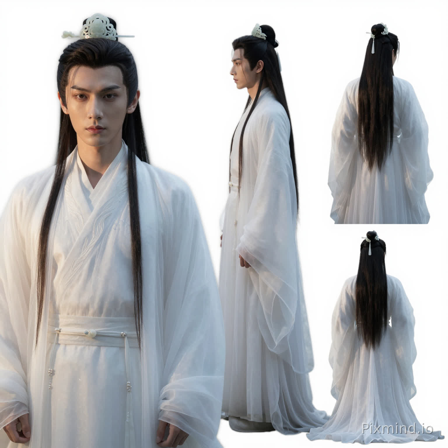 ultra detailed, 16:9, four-view character design sheet, four-panel layout, pure white background1: front close-up + face detail2: 45° side full body3: 90° side full body4: back full body20yo ancient Chinese nobleman, pale skin, delicate face, sharp jawline, slender figureHanfu: gradient white Jin-style robe, transparent tulle overlay, embroidered inner layer, wide sleeves, flowing hemhair: black long hair, tied with white jade hairpinaccessories: white jade pendant, minimalistic stylelighting: cinematic backlight, dappled light, soft focus, misty atmosphere8K, realistic, cinematic quality, silk texture, sharp details, clean composition