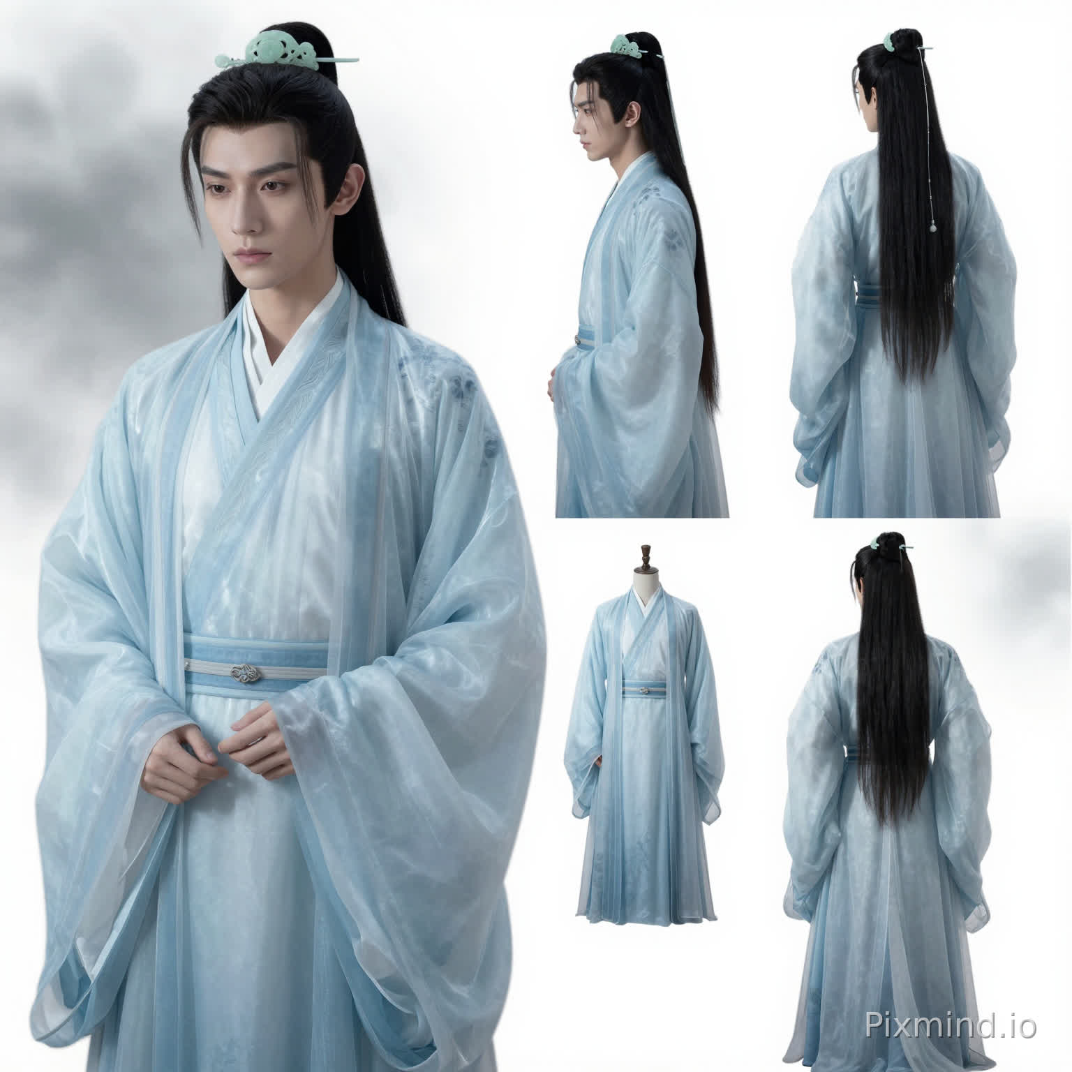 ultra detailed, 16:9, four-view character design sheet, four-panel layout, pure white background1: front close-up + face detail2: 45° side full body3: 90° side full body4: back full body20yo ancient Chinese nobleman, pale cold skin, delicate face, sharp jawline, slender figure, cold and elegant temperamentHanfu: light ice blue gradient Jin-style cross-collar robe, transparent tulle with dark pattern, plain white inner layer, wide sleeves, flowing hem, matte silk texturehair: black long hair, tied with light green jade hairpinaccessories: simple plain waistband, minimalistic luxurylighting: cinematic backlight, dappled light, soft focus, misty atmosphere8K, realistic, cinematic quality, silk texture, sharp details, clean composition
