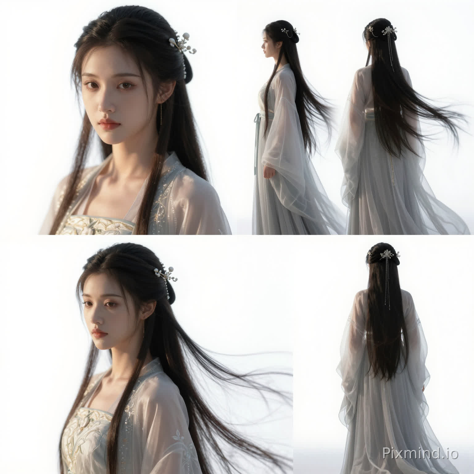 ultra detailed, 16:9, four-view character design sheet, four-panel layout, pure white background1: front close-up + face detail2: 45° side full body3: 90° side full body4: back full body【character description】, fair skin, delicate face, long flowing hairCostume: 【clothing description】, tulle overlay, embroidery, wide sleeves, flowing hemHair accessories: 【hair accessories】lighting: cinematic dappled light, backlight outlining hair, soft focus, misty atmosphere8K, realistic, cinematic quality, silk texture, sharp details, clean composition