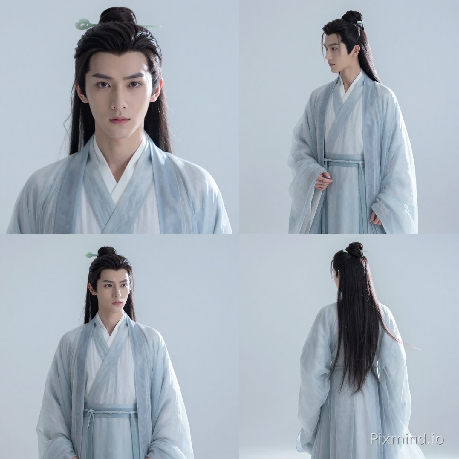 16:9 画幅,四宫格专业角色四视图定妆照,纯白极简背景,统一清冷浅蓝灰调,整洁无杂物第一格:正面特写 + 头部细节放大,五官精致立体,眉骨高挺,下颌线清晰,眼神深邃清冷,皮肤冷白通透第二格:45 度微侧身全身照,姿态端庄闲逸,广袖自然垂落,宽肩窄腰比例完美第三格:90 度正侧面全身照,轮廓硬朗流畅,束发线条清晰,侧脸骨感分明第四格:背影全身照,发丝与衣袂飘逸舒展,背影修长挺拔【角色描述】:20 岁古风清冷世家公子,面如冠玉,唇色淡粉,自带疏离破碎感,气质出尘服饰:浅冰蓝渐变晋制交领大袖衫,外层薄如蝉翼的通透暗纹轻纱,内层素白交领中衣,广袖舒展,衣袂垂坠感极佳,哑光丝绸质感,暗纹细节清晰发型:高束发造型,乌黑长发一丝不苟,浅绿玉簪束发,碎发自然垂落,鬓角修整干净饰品:简约素色腰封,无多余繁杂配饰,极简贵气光影:侧逆光勾勒发丝轮廓,丁达尔柔光效果,柔焦雾感氛围,静谧唯美的空气感画质:超写实,8K,电影级质感,发丝分明,服饰纹理清晰,皮肤质感通透,细节拉满,无瑕疵