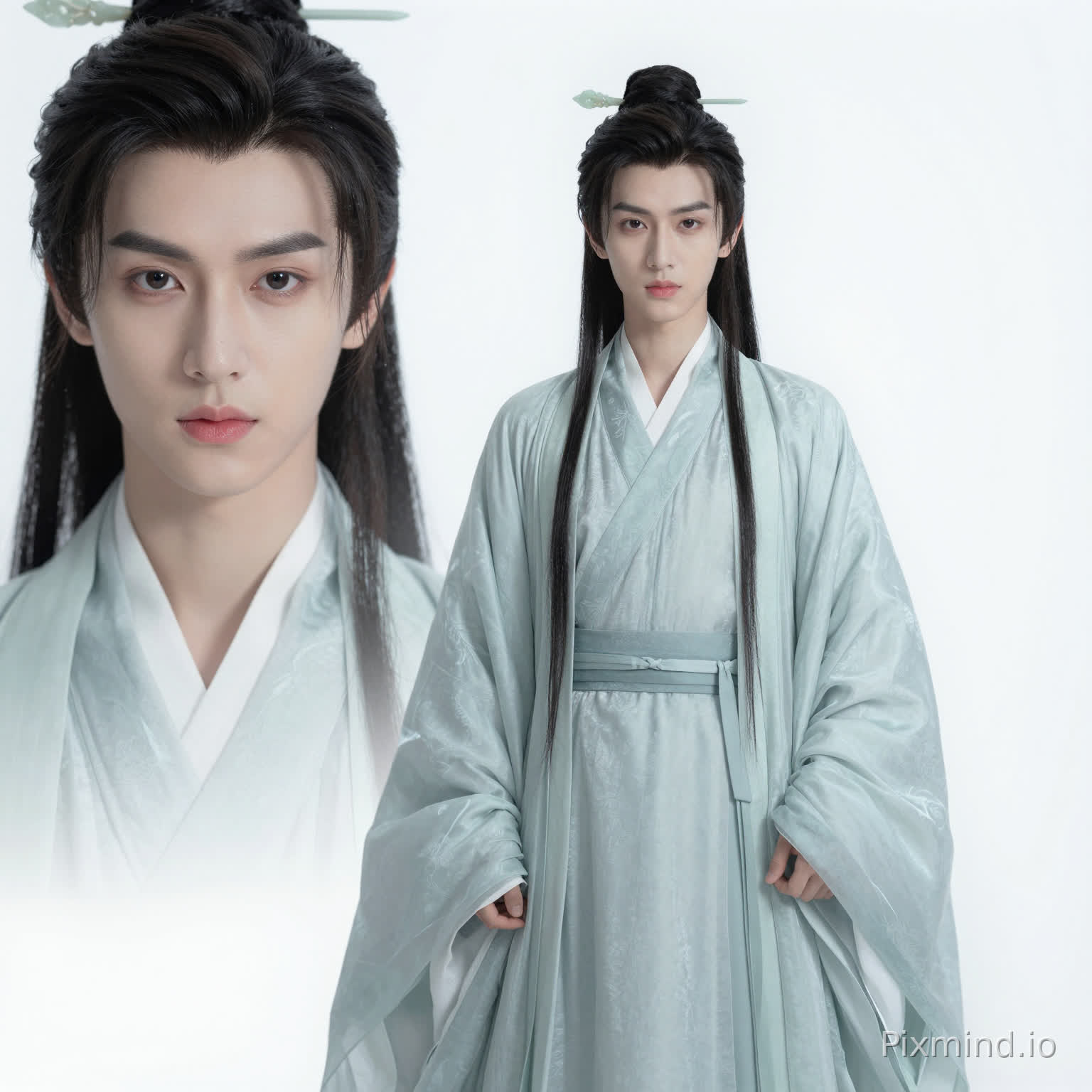 9:16画幅,纯白极简背景,整洁无杂物第一格:正面特写 + 头部细节放大,五官精致立体,眉骨高挺,下颌线清晰,眼神深邃清冷,皮肤冷白
正面全身照,姿态端庄闲逸,广袖自然垂落,宽肩窄腰比例完美,发丝与衣袂飘逸舒展,背影修长挺拔【角色描述】:20 岁古风清冷世家公子,面如冠玉,唇色淡粉,自带疏离破碎感,气质出尘
服饰:贵公子身穿浅石青色丝绸汉服长袍,带有细腻的提花暗纹,剪裁干净利落,无繁冗装饰。面料垂顺而挺括。发间束以极简玉簪无其他华丽配饰,尽显低调奢华。
清晰发型:高束发造型,乌黑长发一丝不苟,浅绿玉簪束发,碎发自然垂落,鬓角修整干净饰品:简约素色腰封,无多余繁杂配饰,极简贵气
超写实,8K,电影级质感,发丝分明,服饰纹理清晰,皮肤质感通透,细节拉满,无瑕疵