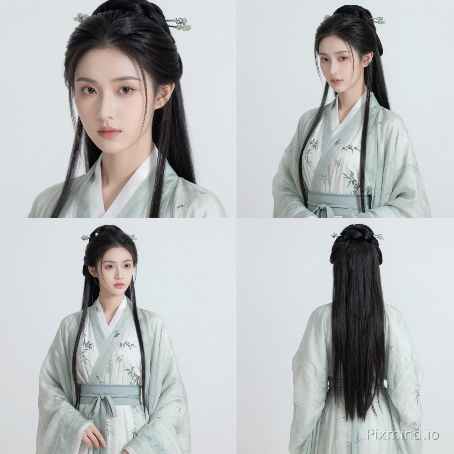 16:9 画幅,四宫格专业角色四视图定妆照,纯白极简背景,统一柔和色调,整洁无杂物第一格:正面特写 + 头部细节放大,五官精致清晰第二格:45 度微侧身全身照,姿态端庄第三格:90 度正侧面全身照,轮廓流畅第四格:背影全身照,发丝与衣袂完整
人物:18 岁古风清冷美人,鹅蛋脸,脸型流畅温婉,淡妆,眉眼清冽淡然,眼神含故事感,气质疏离孤傲又温婉,无多余表情,乌黑长发柔顺根根清晰,半束高髻造型。
服饰:浅青白色暗纹提花丝绸汉服,交领广袖,版型简约雅致,暗纹为清雅竹纹 / 蝶纹,衣料垂坠自然,浅青灰色系带腰封,简约银质玉簪搭配细流苏步摇,造型极简不浮夸,细节精致。
画质:超写实,8K,电影级质感,发丝分明,服饰纹理清晰,细节拉满,无瑕疵