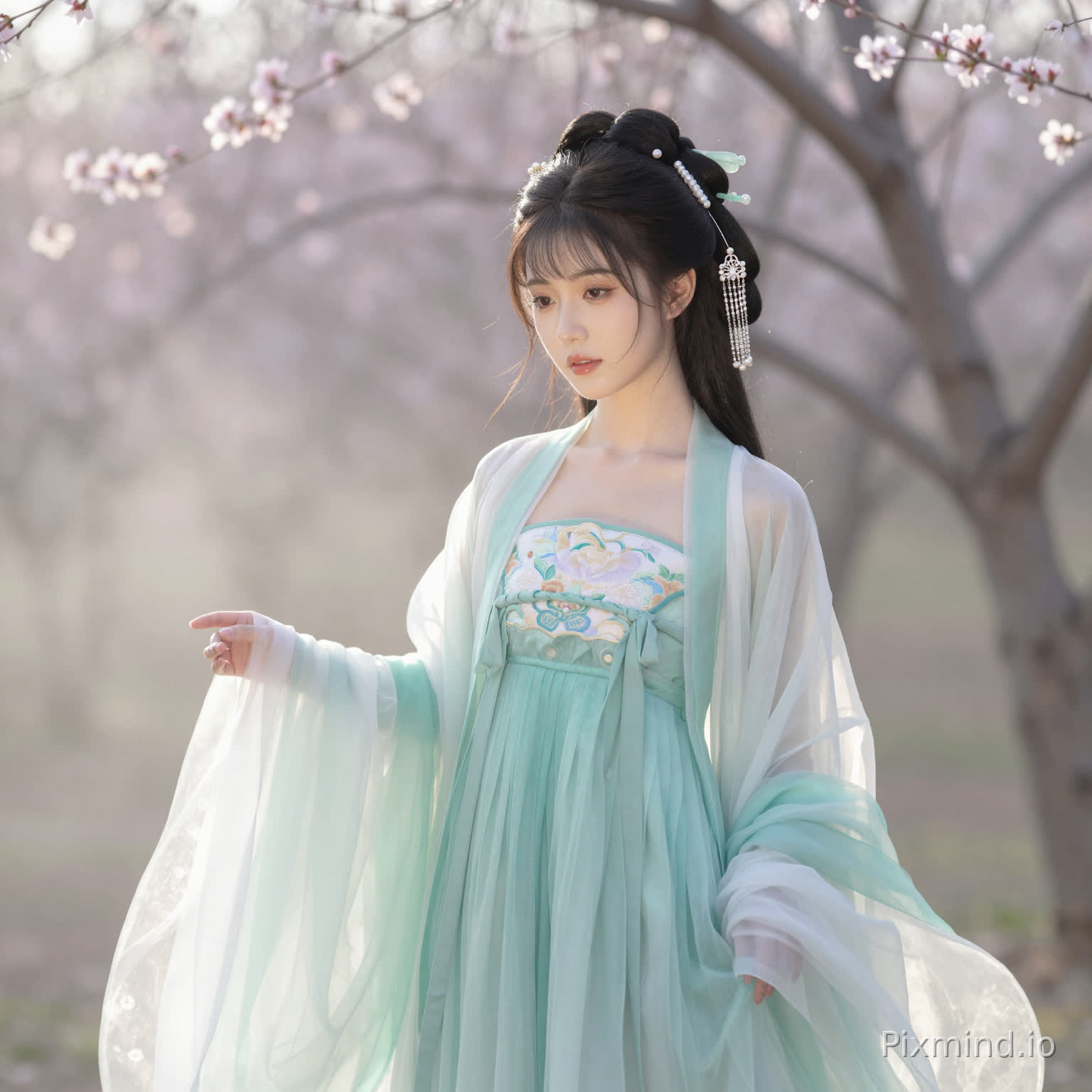 桃花林・薄荷绿流仙裙(爆款 Top1)
场景:春日桃花林、薄雾、丁达尔光
人物:18-22 岁、鹅蛋脸、眼尾微挑、清冷破碎感
服饰:薄荷绿广袖流仙裙、月白披帛、重工刺绣
发型:垂云髻、玉簪 + 珍珠银饰
光影:侧逆光、柔焦、雾感、丁达尔光束