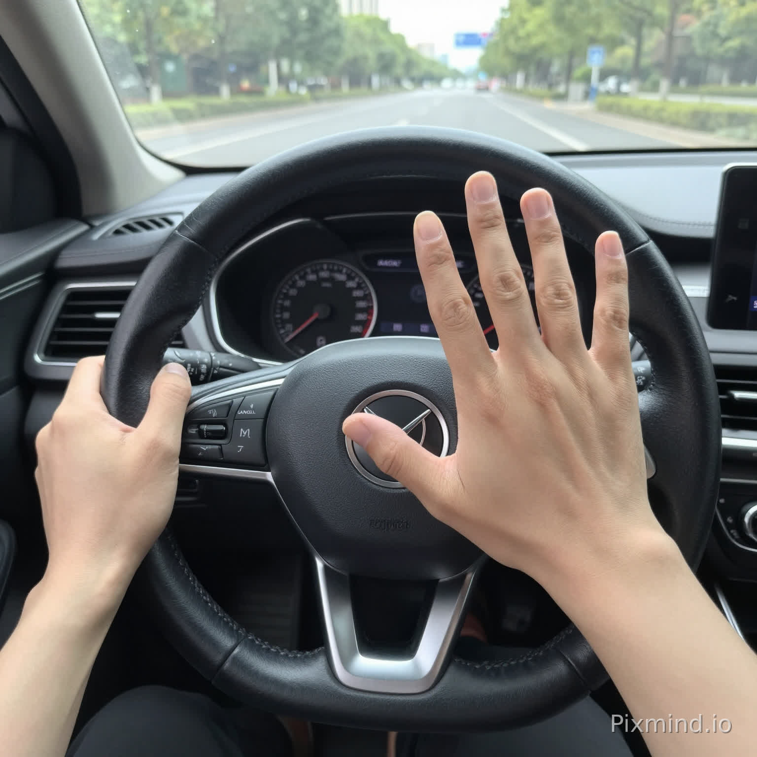 This image, presented from a first-person driving perspective, showcases the core operational scenarios within a car's cockpit. We can break down the details from multiple dimensions:
1. Core Elements and Actions
Hand Positions:
Left Hand: One finger grips the lower left side of the steering wheel, embodying the posture of controlling the vehicle while driving;
Right Hand: Fully extended, palm facing the steering wheel, hovering on the right side, a typical "release from the steering wheel" action, directly conveying a warning of hands-free driving and distracted driving.
Steering Wheel Details: Featuring a three-spoke design wrapped in genuine leather, the right side integrates multi-function buttons (with visible CANCEL and cruise control markings), while the lower side includes buttons for voice control, telephone, and volume adjustment—a mainstream feature in modern family cars.