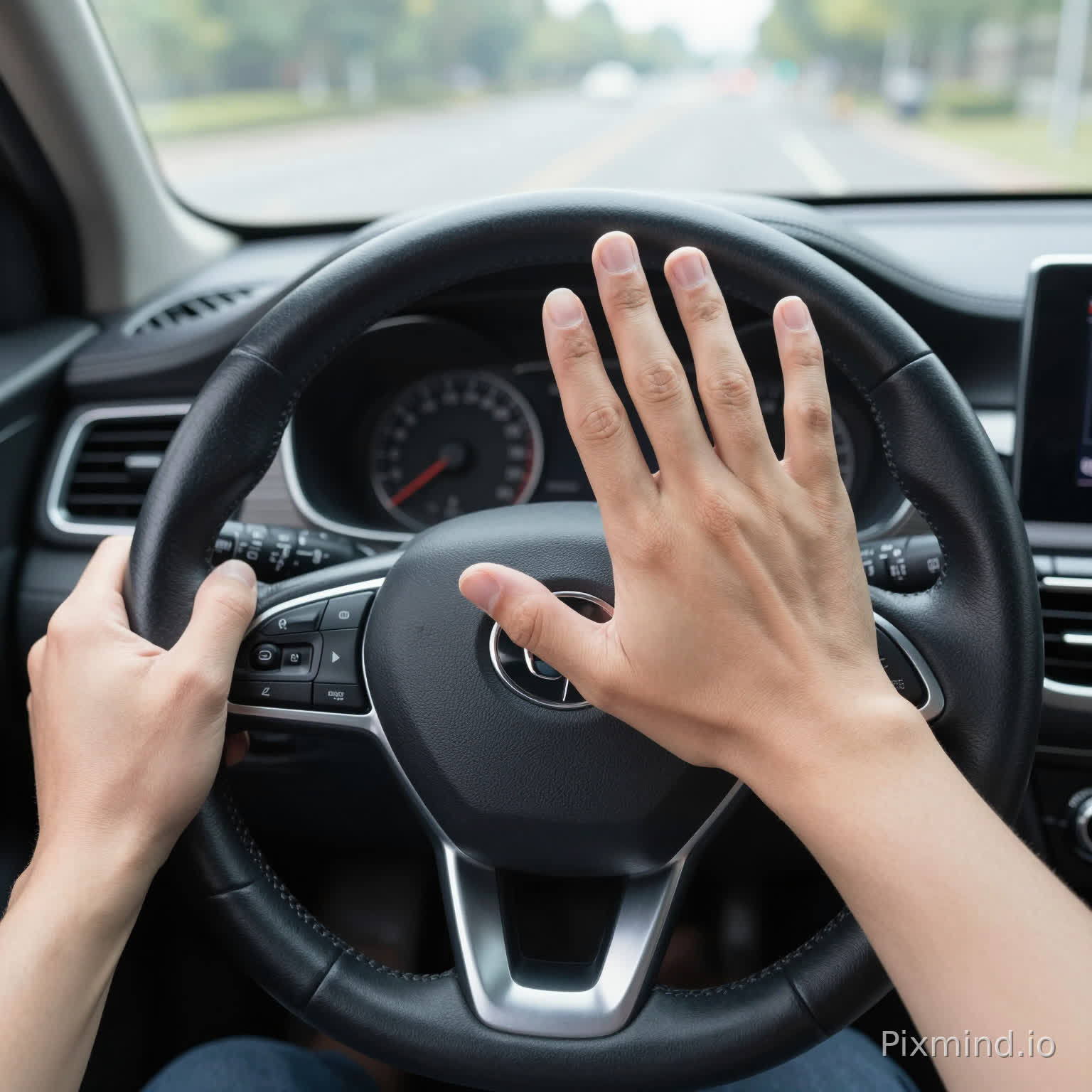 This image, presented from a first-person driving perspective, showcases the core operational scenarios within a car's cockpit. The left hand: a single finger grips the lower left side of the steering wheel, embodying the posture of someone controlling the vehicle while driving; the right hand: fully extended, palm facing the steering wheel, hovering on the right side, a typical "hands-off" action, directly conveying a warning of hands-free driving and distracted driving. The three-spoke design, wrapped in genuine leather, integrates multi-function buttons on the right side (with visible CANCEL and cruise control markings), and below are buttons for voice control, telephone, and volume adjustment—standard features in modern family cars. The image is clear, sophisticated, and realistically depicts the scene.