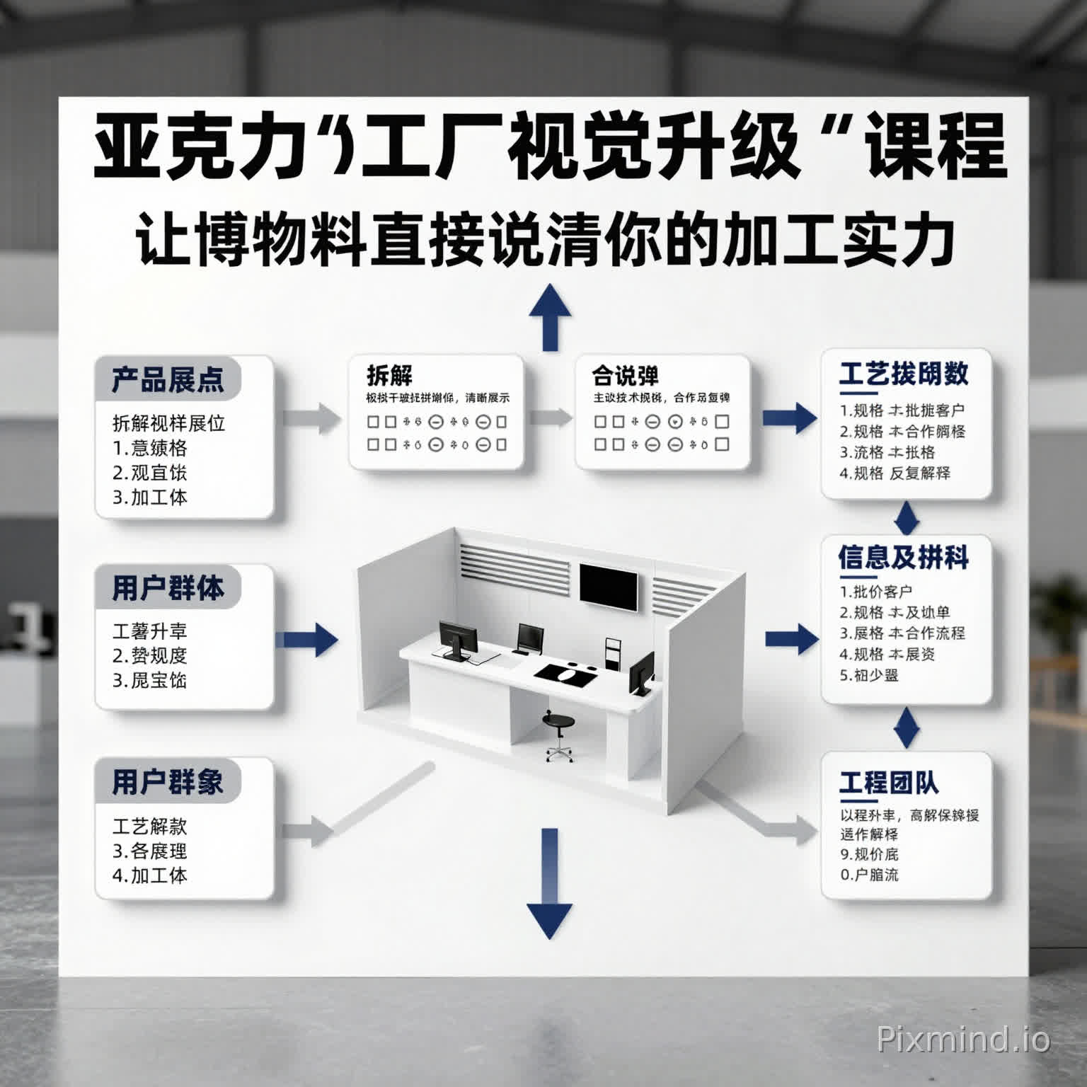 亚克力工厂视觉升级课程 —— 让展会物料直接说清你的加工实力
产品卖点:拆解从样品展架、工艺说明牌到报价立牌的版式与信息层级设计,提升询盘转化
使用场景:工厂在展会上需要用有限展位,清晰展示工艺、规格与合作流程,减少口头反复解释
用户群体:以工程订单、批量客户为主的B端亚克力工厂销售团队
背景风格:白底搭配工业灰与品牌色点缀,展台俯视结构图置于中央,周围环绕工艺参数卡片与箭头图标,形成信息分区与浏览路径提示