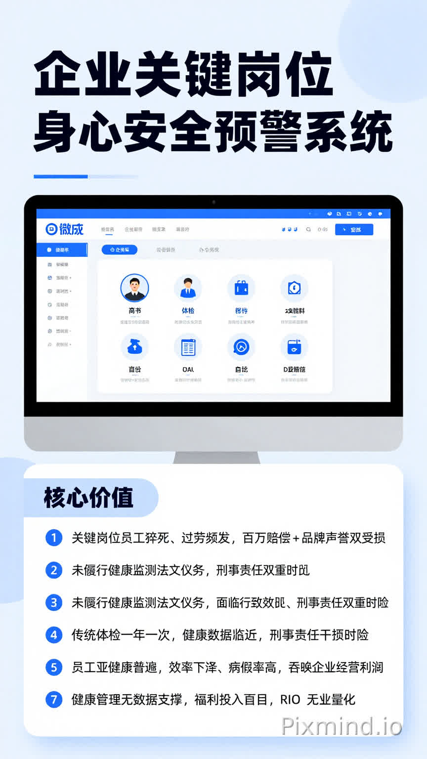企业关键岗位身心安全预警系统
响应健康中国战略 筑牢企业用工安全防火墙
适配平台:OA / 飞书 / 钉钉 / 企业微信 / ERP 等全办公场景
核心价值:降低员工猝死风险 + 合规政策要求 + 提升组织效能 + 节省企业成本
企业痛点直击:健康风险已成经营隐形炸弹
✅ 关键岗位员工猝死、过劳频发,百万赔偿 + 品牌声誉双受损
✅ 未履行健康监测法定义务,面临行政处罚、刑事责任双重风险
✅ 传统体检一年一次,健康数据滞后,错失最佳干预时机
✅ 员工亚健康普遍,效率下降、病假率高,吞噬企业经营利润
✅ 健康管理无数据支撑,福利投入盲目,ROI 无法量化