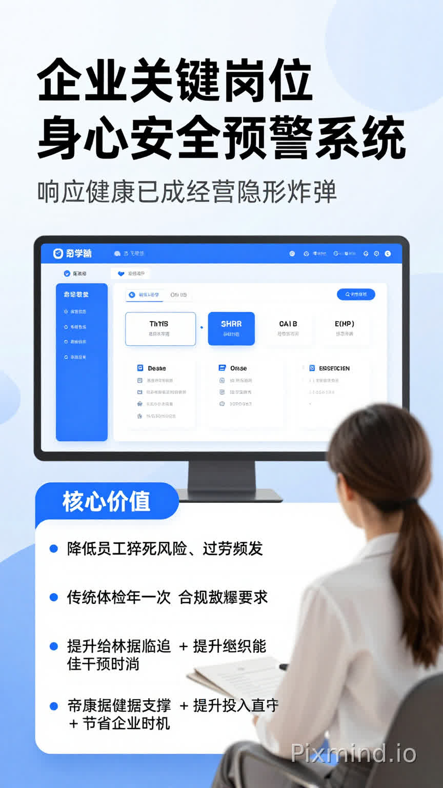 企业关键岗位身心安全预警系统
响应健康中国战略 筑牢企业用工安全防火墙
适配平台:OA / 飞书 / 钉钉 / 企业微信 / ERP 等全办公场景
核心价值:降低员工猝死风险 + 合规政策要求 + 提升组织效能 + 节省企业成本
企业痛点直击:健康风险已成经营隐形炸弹
✅ 关键岗位员工猝死、过劳频发,百万赔偿 + 品牌声誉双受损
✅ 未履行健康监测法定义务,面临行政处罚、刑事责任双重风险
✅ 传统体检一年一次,健康数据滞后,错失最佳干预时机
✅ 员工亚健康普遍,效率下降、病假率高,吞噬企业经营利润
✅ 健康管理无数据支撑,福利投入盲目,ROI 无法量化