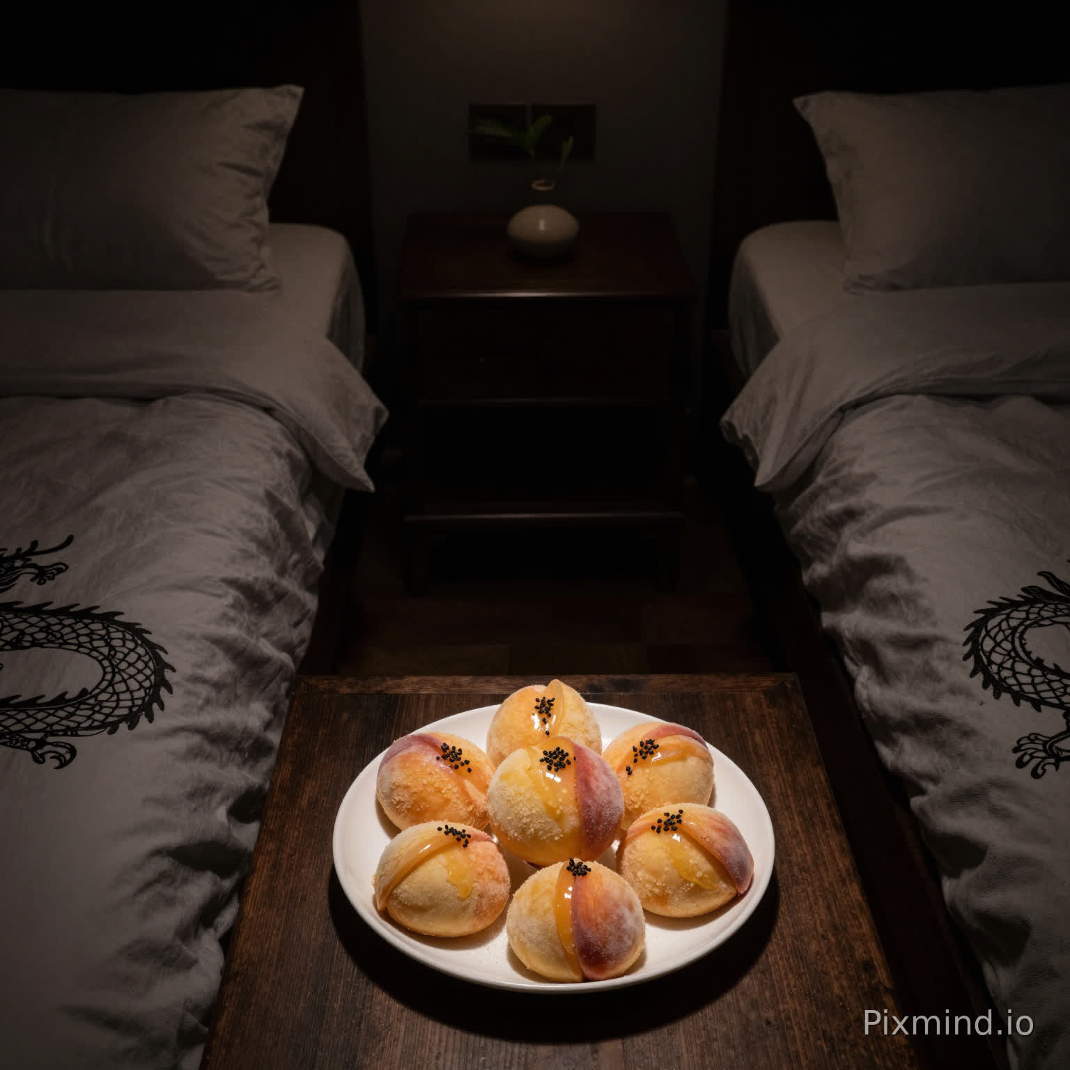 Dark bedroom, symmetric composition, low - key lighting, a plate of cold peach pastries on the table beside the dragon bed