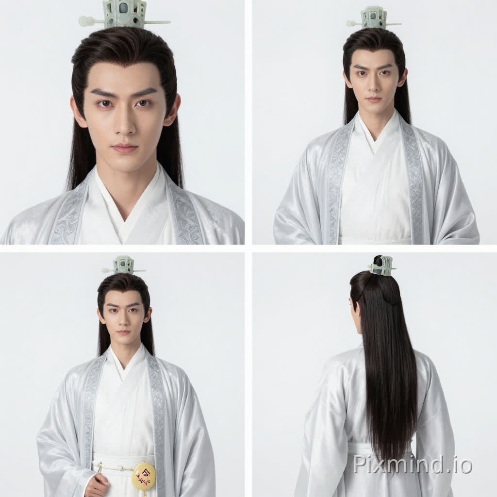 帮我生成图片:16:9 画幅,四宫格专业角色四视图定妆照,纯白极简背景,统一柔和色调,整洁无杂物
第一格:正面特写 + 头部细节放大,五官精致清晰
第二格:45 度微侧身全身照,姿态端庄
第三格:90 度正侧面全身照,轮廓流畅
第四格:背影全身照,发丝与衣袂完整。这四格全身图并列在同一张图片上。
萧逸尘,脸型轮廓分明,线条硬朗又不失柔和,下颌线条微微收紧;剑眉斜飞入鬓,双眸深邃有神,眼型修长,温和时如春日暖阳,锐利时如鹰;鼻梁挺直,嘴唇薄厚适中,嘴角常带若有若无的弧度;肤色白皙细腻,透着健康光泽;束发于顶,头戴玉冠,两侧黑发自然搭肩;
服饰:月白色交领长袍,外罩银灰色暗纹氅衣,腰系白玉带,悬挂鹅黄色桃花香囊(绣粉色桃花、深褐色 “念桃” 字),丝绸光泽细腻,衣袂飘逸
画质:超写实,8K,真人电影质感,发丝分明,服饰纹理清晰,细节拉满,无瑕疵