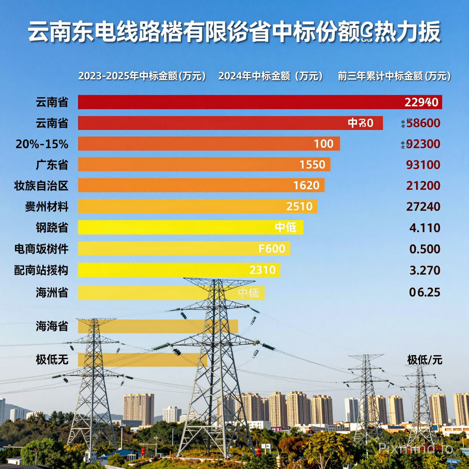 云南东电线路器材有限公司2023-2025年南网各省份中标份额热力表
省份 2023-2025年中标份额均值 2023年中标金额(万元) 2024年中标金额(万元) 2025年中标金额(万元) 近三年累计中标金额(万元) 热力强度(对应绘图色值参考) 热力等级 备注(核心中标品类+中标说明)
云南省 20%-25% 约8600 约9800 约11200 约29600 深红(#C41E3A) 极高 输电铁塔、角钢塔、变电站钢结构、配网杆塔;含保山市农村电网巩固提升工程等项目,2025年中标含隆阳区、龙陵县等多地杆塔及附件项目
广东省 8%-12% 约1800 约2300 约3100 约7200 橙红(#FF6B35) 中高 角钢塔、主网/配网线路器材;2024年中标广东35kV-220kV交流角钢塔8%标包,2025年中标主网、配网多标包
广西壮族自治区 5%-10% 约650 约820 约1050 约2520 黄橙(#FFA62B) 中低 配网材料、钢绞线、少量铁塔附件;以配网类小标包为主,逐年稳步提升中标规模
贵州省 5%-10% 约580 约750 约980 约2310 黄色(#FFD93D) 中低 配网材料、钢绞线、少量铁塔附件;2025年进入省级采购物资供货商履约评价名单,中标规模提升
海南省 0% 0 0 0 0 浅灰(#E5E7EB) 极低/无 近三年无中标记录,未参与海南南网相关标包竞标
说明:1. 份额均值、中标金额均基于2023-2025年南网公开招标数据、企业中标公告估算,精准值可结合具体标包明细调整;2. 中标金额含主网、配网相关中标项目,其中云南省含保山等地地方电网关联项目,广东省含2024年角钢塔标包等核心项目;3. 色值参考适配主流绘图工具(如Excel、Tableau),可根据需求微调;4. 热力等级对应中标份额及金额规模,便于与热力图直接关联;5. 累计金额为各年度分省份金额汇总,不含企业自身采购类项目金额。
生成热烈力图