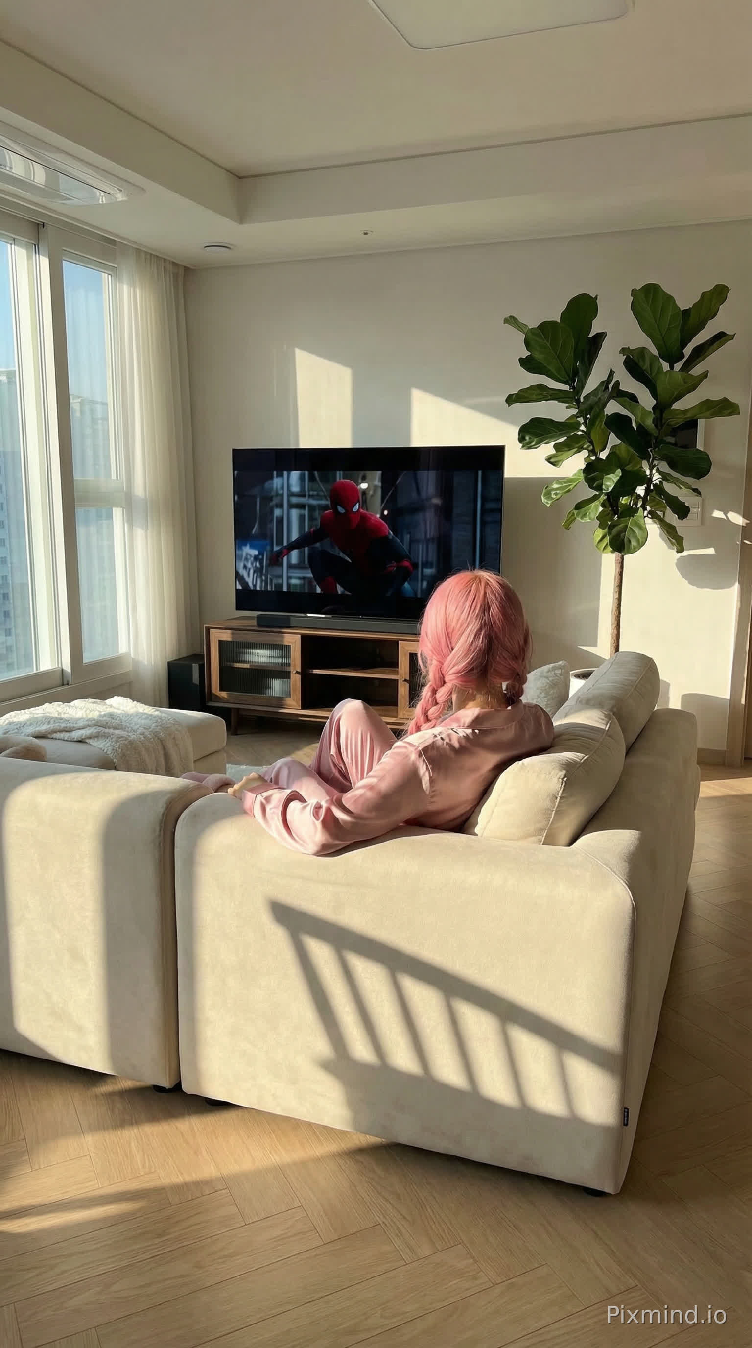 Character: A woman with pink hair styled in two braidsSetting: A modern minimalist living room. Light oak herringbone flooring, a sofa. A tall fiddle-leaf fig potted plant stands by the window on the right side of the floor; slanted golden afternoon sunlight streams in through the glass window on the left, casting oblique shadows of the green foliage. The woman with pink braided hair, dressed in a lotus pink satin loungewear set, has her back to the camera, sinking into the soft sofa cushions while watching TV. A scene from a Spider-Man movie is playing on the screen.
I require bright lighting, rich and vibrant colors, a highly detailed scene, as well as delicate and expressive movements and facial expressions for all characters throughout the plot.