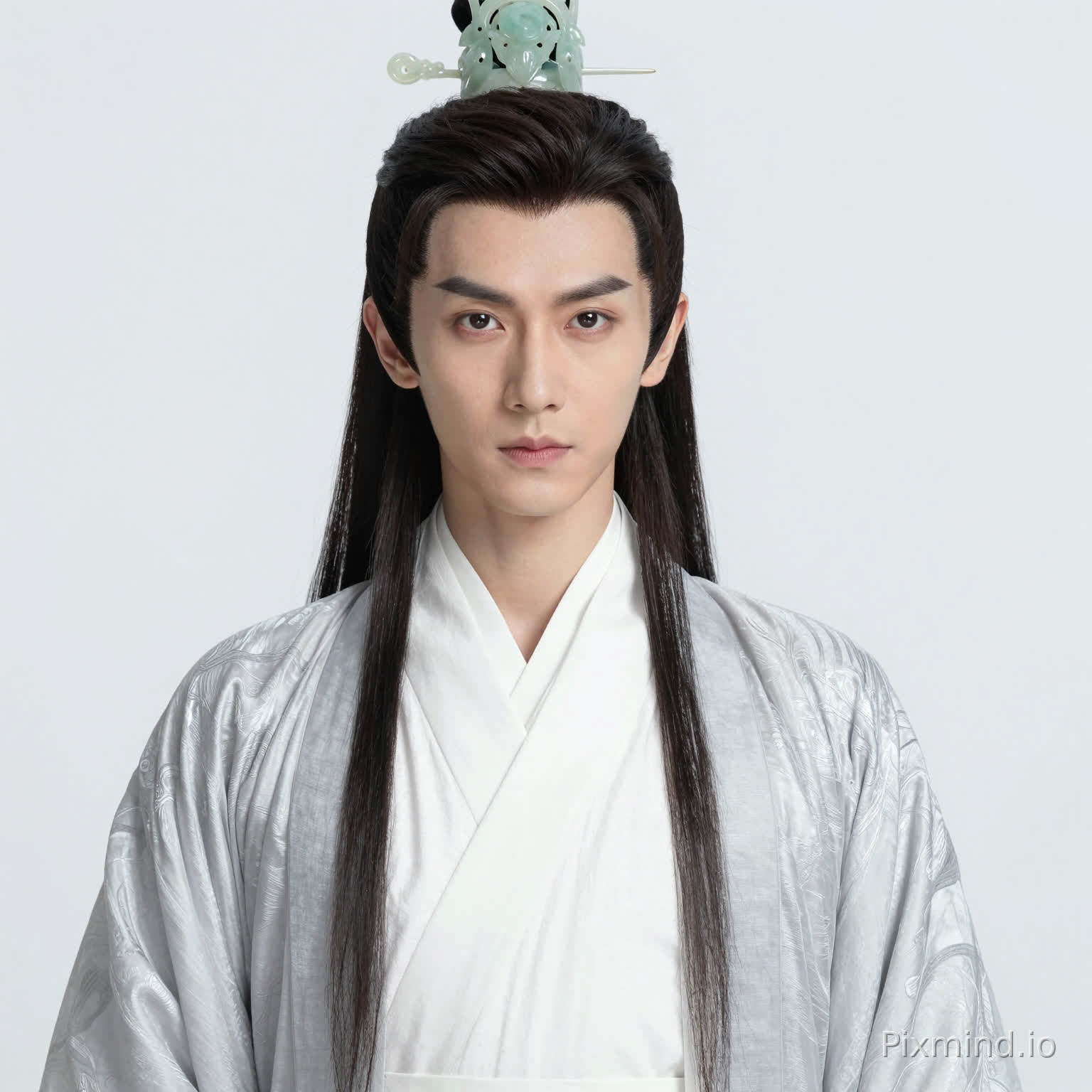 Xiao Yichen: Well-defined facial contours with a blend of rugged and soft lines, a slightly tightened jawline; sword-like eyebrows slanting toward the temples, deep and spirited elongated eyes; a straight nose bridge, moderately thick lips with a subtle, lingering curve at the corners; fair and delicate skin with a healthy glow; hair tied at the crown with a jade crown, black hair strands naturally draping over the shoulders;
Clothing: Moon-white cross-collared robe, moon-white waistband, outer silver-gray cloak with subtle patterns, delicate silk luster;
Hairstyle: Hair tied at the crown with a jade crown, long black hair, side strands naturally draping over the shoulders, strictly following the hairstyle in the reference image;
Accessories: Jade crown;
Lighting: Soft and even lighting, no shadows, pure white background;
Quality: Hyper-realistic, 8K, cinematic live-action texture, distinct hair strands, clear fabric texture, full of details, flawless, facial appearance 1:1 to reference, pure white background, full-body shot (including shoes).