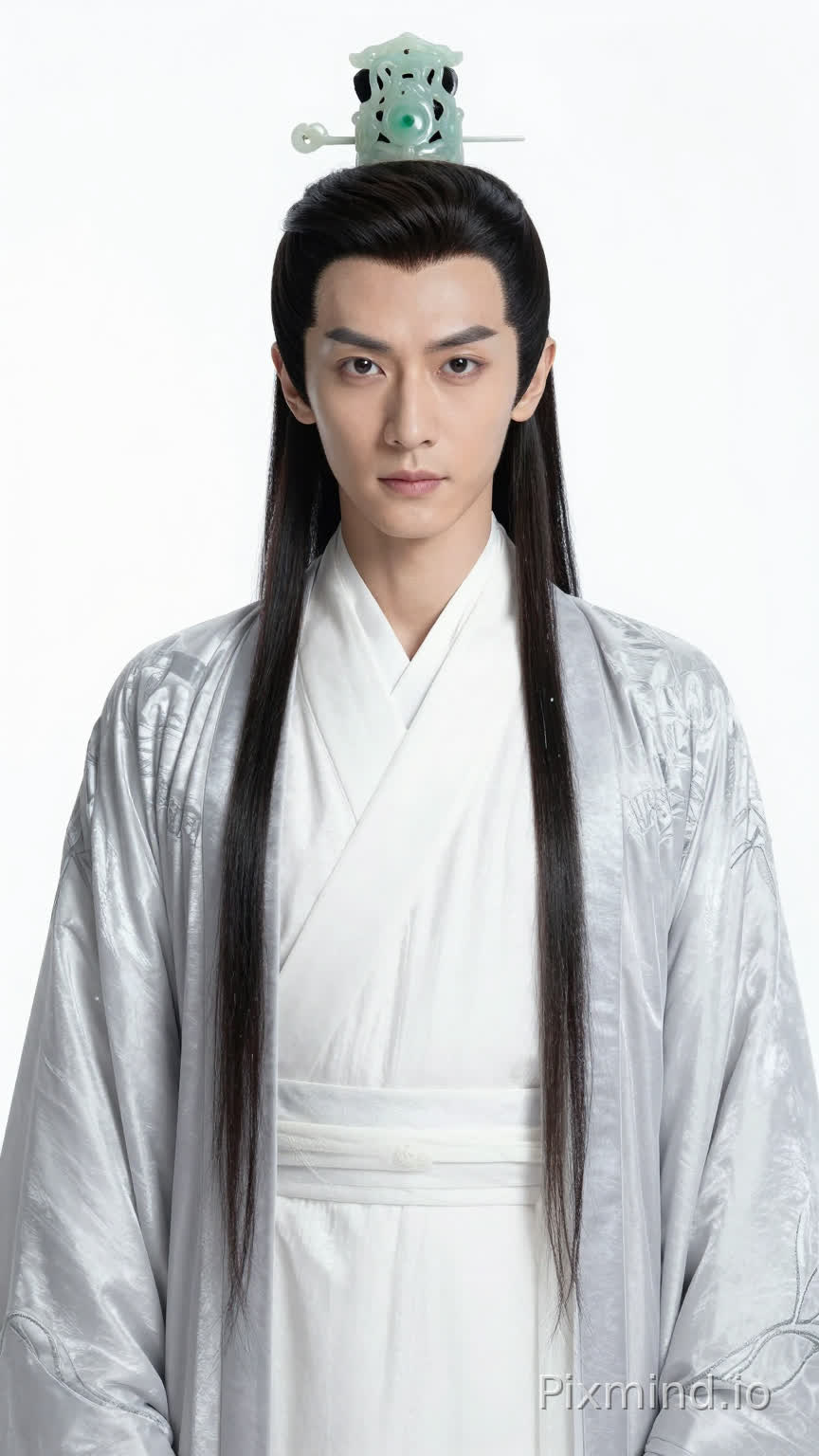 Xiao Yichen: Well-defined facial contours with a blend of rugged and soft lines, a slightly tightened jawline; sword-like eyebrows slanting toward the temples, deep and spirited elongated eyes; a straight nose bridge, moderately thick lips with a subtle, lingering curve at the corners; fair and delicate skin with a healthy glow; hair tied at the crown with a jade crown, black hair strands naturally draping over the shoulders;
Clothing: Moon-white cross-collared robe, moon-white waistband, outer silver-gray cloak with subtle patterns, delicate silk luster;
Hairstyle: Hair tied at the crown with a jade crown, long black hair, side strands naturally draping over the shoulders, strictly following the hairstyle in the reference image;
Accessories: Jade crown;
Lighting: Soft and even lighting, no shadows, pure white background;
Quality: Hyper-realistic, 8K, cinematic live-action texture, distinct hair strands, clear fabric texture, full of details, flawless, facial appearance 1:1 to reference, pure white background, full-body shot (including shoes).