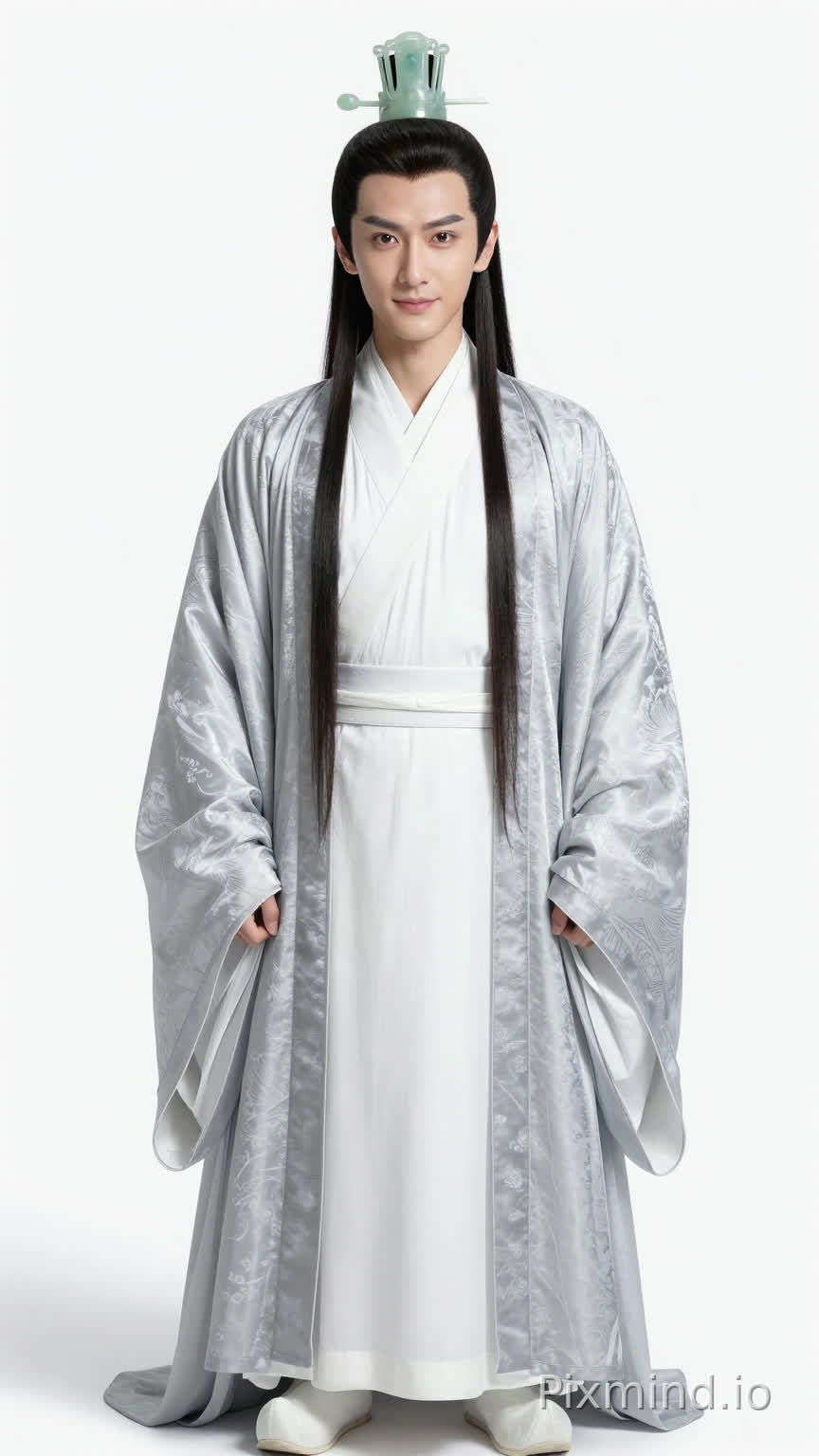 Xiao Yichen: Well-defined contours, a blend of strength and softness, with a slightly tight jawline; sword-like eyebrows extending to the temples, deep and spirited eyes; a straight nose bridge, moderately thick lips with a faint, subtle smile; fair and delicate skin with a healthy glow; hair tied at the top with a jade crown, jet-black strands falling naturally over the shoulders.
Clothing: Moon-white cross-collar robe, moon-white belt, an outer silver-gray cloak with subtle patterns, exhibiting a delicate silk luster; moon-white shoes.
Hairstyle: Hair tied at the top with a jade crown, long black hair, sideburns falling naturally to the shoulders, strictly following the hairstyle in the reference image.
Accessories: Jade crown.
Lighting: Soft and even lighting, no shadows, pure white background.
Quality: Hyper-realistic, 8K, cinematic real-person texture, distinct hair strands, clear fabric texture, rich in detail, flawless, pure white background, full-body shot (including shoes).