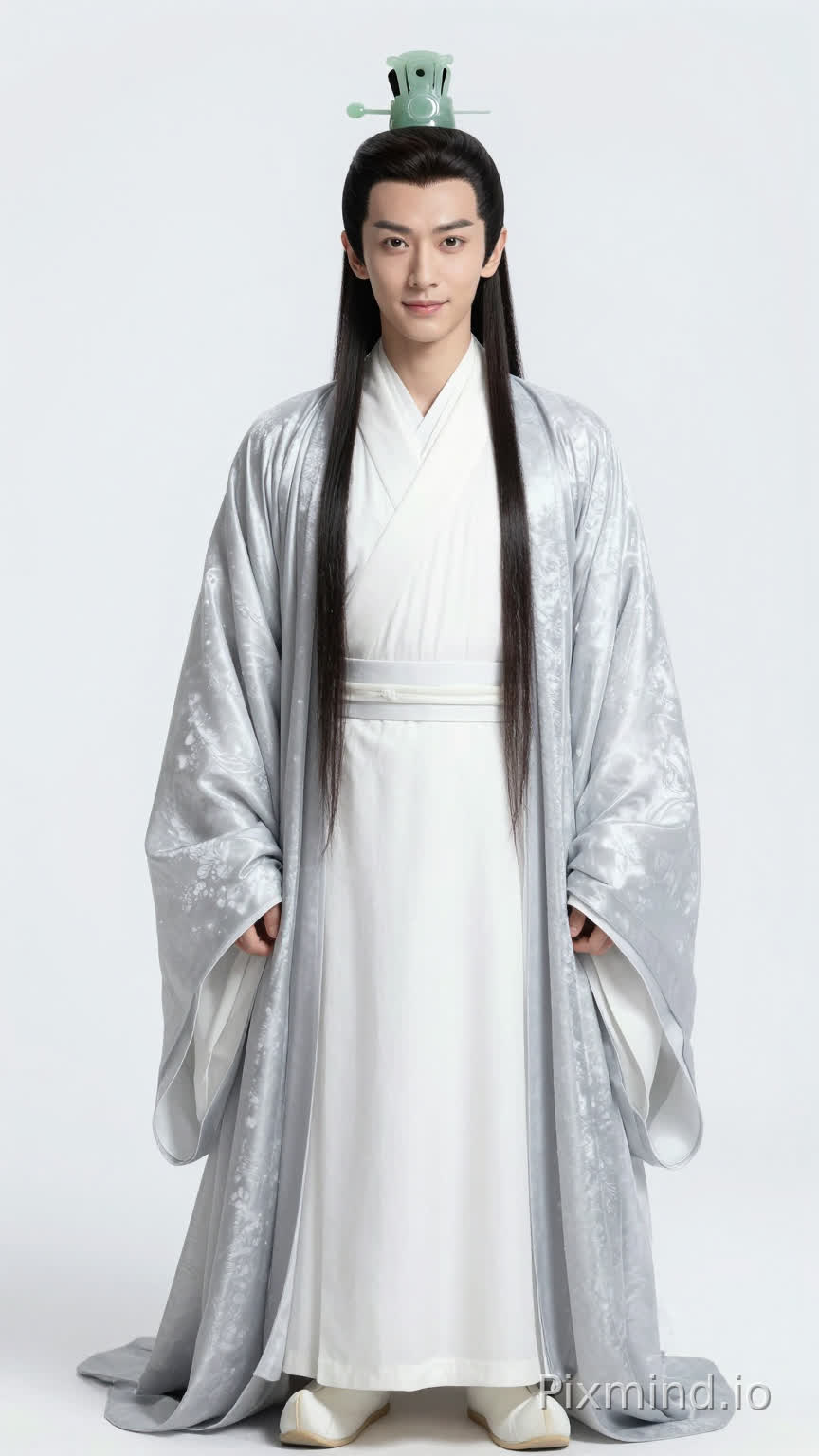 Xiao Yichen: Sharp contours, a blend of strength and softness, with a slightly tight jawline; sword-like eyebrows reaching the temples, deep and spirited eyes; a straight bridge of the nose, moderately colored lips with a faint, subtle smile; fair and delicate skin with a healthy glow; hair tied at the top with a jade crown, with jet-black strands naturally falling over the shoulders.
Clothing: Moon-white cross-collar long robe, moon-white belt, over-draped with a silver-gray cloak featuring subtle patterns (length consistent with the robe), showing a delicate silk luster; moon-white shoes.
Hairstyle: Hair tied at the top with a jade crown, long black hair, with sideburns naturally falling to the shoulders, strictly following the hairstyle in the reference image.
Accessories: Jade crown.
Lighting: Soft and even lighting, no shadows, pure white background.
Quality: Hyper-realistic, 8K, cinematic real-life texture, distinct hair strands, clear fabric textures, rich in detail, flawless, pure white background, full-body shot (including shoes).