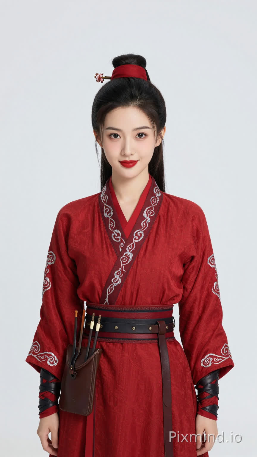 【叶绮霜·完整视觉DNA】 脸型:瓜子脸,线条柔美流畅,下巴微微圆润
眉眼:柳叶眉,眉梢微垂自带柔情;丹凤眼眼尾上挑,明亮有神透出果敢坚毅
鼻唇:琼鼻秀挺小巧精致;嘴唇嫣红,上唇M形下唇饱满,笑起来嘴角有浅浅梨涡
肤质:肌肤如雪细腻光滑,透着淡淡健康红晕
发型:常梳高髻,以红色发带束发,点缀桃花形状发饰,两侧碎发自然垂下
服饰设定: 绯红色劲装,窄袖束腰,袖口领口绣银色祥云纹,腰系深褐色皮质箭囊,脚穿黑色鞋子,
生成全身图片,正面视角