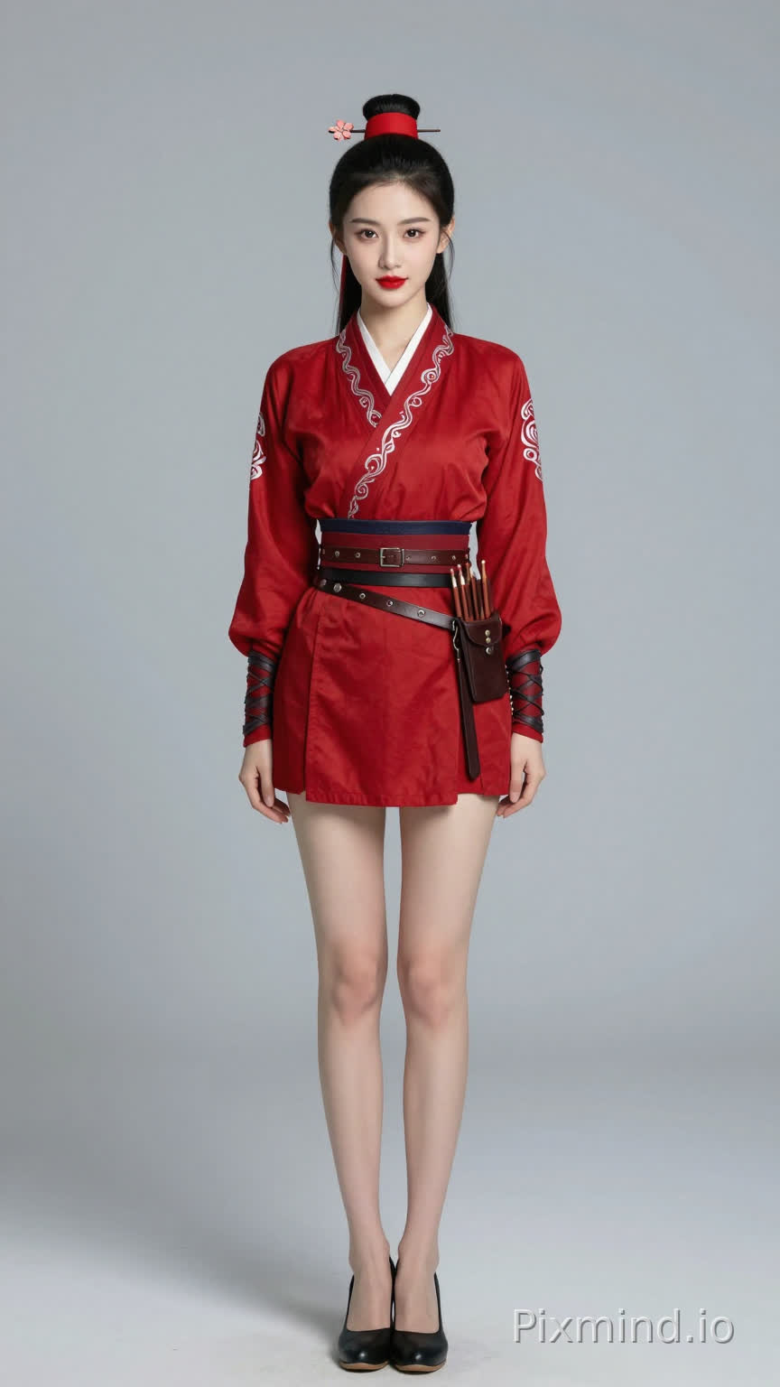 【叶绮霜·完整视觉DNA】
年龄:20岁,身形高挑修长,170cm 视觉身高,九头身比例,大长腿,身姿挺拔
脸型:瓜子脸,线条柔美流畅,下巴微微圆润
眉眼:柳叶眉,眉梢微垂自带柔情;丹凤眼眼尾上挑,明亮有神透出果敢坚毅
鼻唇:琼鼻秀挺小巧精致;嘴唇嫣红,上唇M形下唇饱满,笑起来嘴角有浅浅梨涡
肤质:肌肤如雪细腻光滑,透着淡淡健康红晕
发型:常梳高髻,以红色发带束发,点缀桃花形状发饰,两侧碎发自然垂下
服饰设定: 绯红色劲装,窄袖束腰,袖口领口绣银色祥云纹,腰系深褐色皮质箭囊,脚穿黑色鞋子,
生成全身图片,正面视角