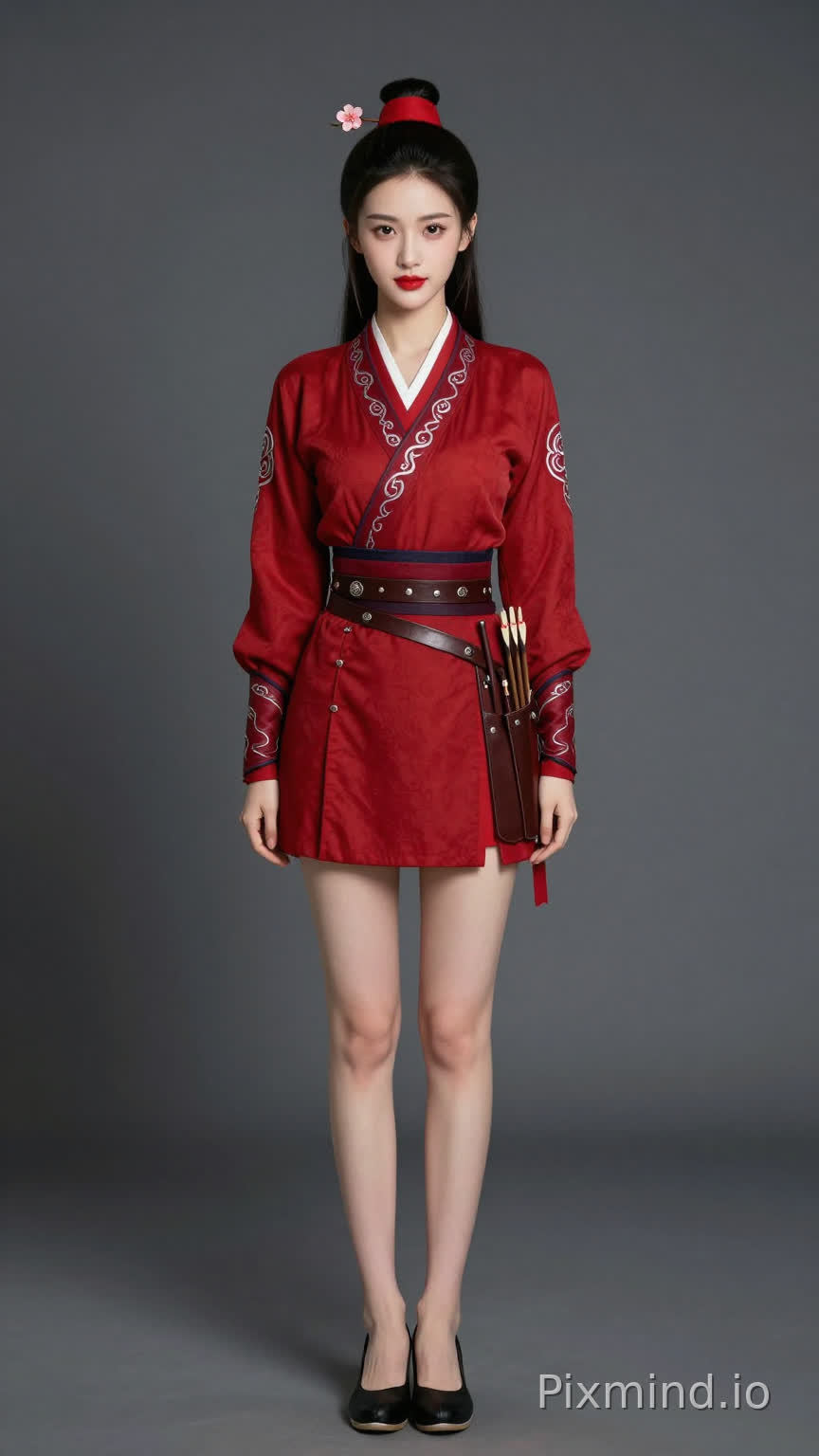【叶绮霜·完整视觉DNA】
年龄:20岁,身形高挑修长,170cm 视觉身高,九头身比例,大长腿,身姿挺拔
脸型:瓜子脸,线条柔美流畅,下巴微微圆润
眉眼:柳叶眉,眉梢微垂自带柔情;丹凤眼眼尾上挑,明亮有神透出果敢坚毅
鼻唇:琼鼻秀挺小巧精致;嘴唇嫣红,上唇M形下唇饱满,笑起来嘴角有浅浅梨涡
肤质:肌肤如雪细腻光滑,透着淡淡健康红晕
发型:常梳高髻,以红色发带束发,点缀桃花形状发饰,两侧碎发自然垂下
服饰设定: 绯红色劲装,窄袖束腰,袖口领口绣银色祥云纹,腰系深褐色皮质箭囊,脚穿黑色鞋子
生成全身图片,正面视角(禁止出现现代衣服,鞋子及其其他现代元素)