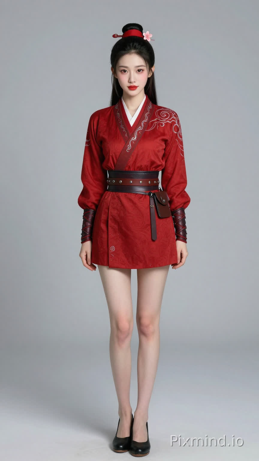 【叶绮霜·完整视觉DNA】
年龄:20岁,身形高挑修长,170cm 视觉身高,九头身比例,大长腿,身姿挺拔
脸型:瓜子脸,线条柔美流畅,下巴微微圆润
眉眼:柳叶眉,眉梢微垂自带柔情;丹凤眼眼尾上挑,明亮有神透出果敢坚毅
鼻唇:琼鼻秀挺小巧精致;嘴唇嫣红,上唇M形下唇饱满,笑起来嘴角有浅浅梨涡
肤质:肌肤如雪细腻光滑,透着淡淡健康红晕
发型:常梳高髻,以红色发带束发,点缀桃花形状发饰,两侧碎发自然垂下
服饰设定: 绯红色劲装,窄袖束腰,袖口领口绣银色祥云纹,腰系深褐色皮质箭囊,脚穿黑色鞋子
生成全身图片,正面视角(禁止出现现代衣服,鞋子及其其他现代元素)