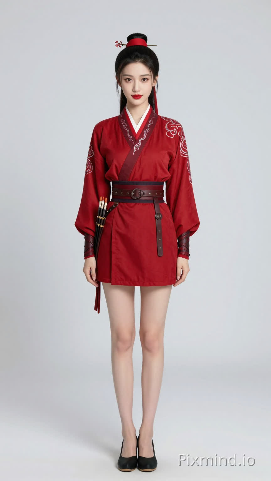 【叶绮霜·完整视觉DNA】
年龄:20岁,身形高挑修长,170cm 视觉身高,九头身比例,大长腿,身姿挺拔
脸型:瓜子脸,线条柔美流畅,下巴微微圆润
眉眼:柳叶眉,眉梢微垂自带柔情;丹凤眼眼尾上挑,明亮有神透出果敢坚毅
鼻唇:琼鼻秀挺小巧精致;嘴唇嫣红,上唇M形下唇饱满,笑起来嘴角有浅浅梨涡
肤质:肌肤如雪细腻光滑,透着淡淡健康红晕
发型:常梳高髻,以红色发带束发,点缀桃花形状发饰,两侧碎发自然垂下
服饰设定: 绯红色劲装,窄袖束腰,袖口领口绣银色祥云纹,腰系深褐色皮质箭囊,脚穿黑色鞋子(符合中国古代制式)
生成全身图片,正面视角