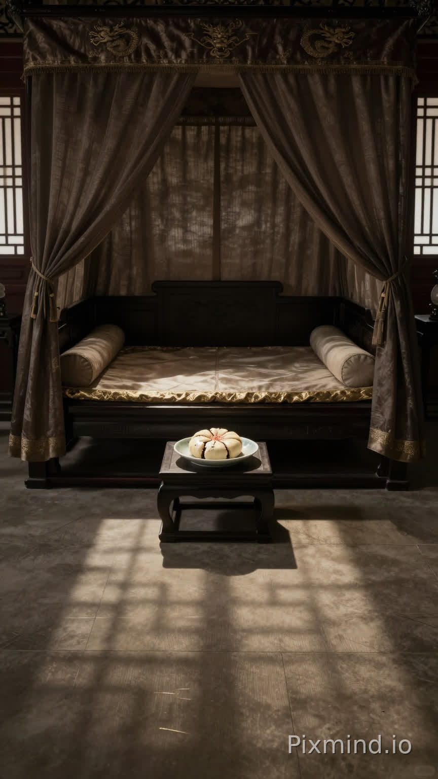 昏暗皇帝寝宫以空龙床为绝对对称中心,深褐色床幔如垂落的幕布,向两侧工整铺展,床榻边缘的金线在暗光里泛着冷涩的微光。与龙床沿构成直角对称的床边案几上有一碟凉透的桃花酥是唯一的静物焦点——米白色酥皮失去所有光泽,裂纹如干涸的河床,在低饱和的暗调里,像凝固的月光。
角落的空置处留着对称的阴影,曾站着宫女的位置,地面金砖上有几不可见的浅痕,仿佛人影刚被抽离。广角镜头拉远,整个寝宫如一幅褪色的工笔画,光线从窗棂斜切而入,在地面划出明暗分明的直线,空寂里裹着未散的肃穆,像一声被掐断的叹息。