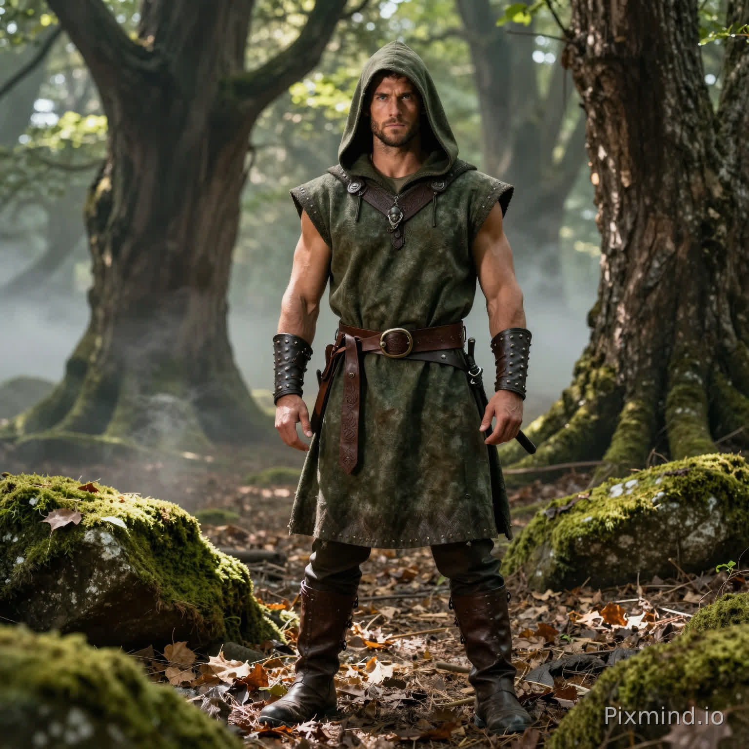 电影感写实摄影,一位健壮男性模特穿着橄榄绿中世纪游侠连帽长袍套装,站在茂密的中世纪原始森林中,背景是参天古木、林间薄雾、散落的落叶与苔藓岩石,午后阳光透过树叶洒下丁达尔光效,营造出神秘、野性的森林猎人氛围。服饰细节1:1还原:做旧橄榄绿无袖连帽长袍、棕色雕花皮革腰带、铆钉护腕、高筒皮靴,光影柔和自然,突出服饰的复古质感,画面写实高级,8K高清,无AI畸形,符合亚马逊电商场景图规范。