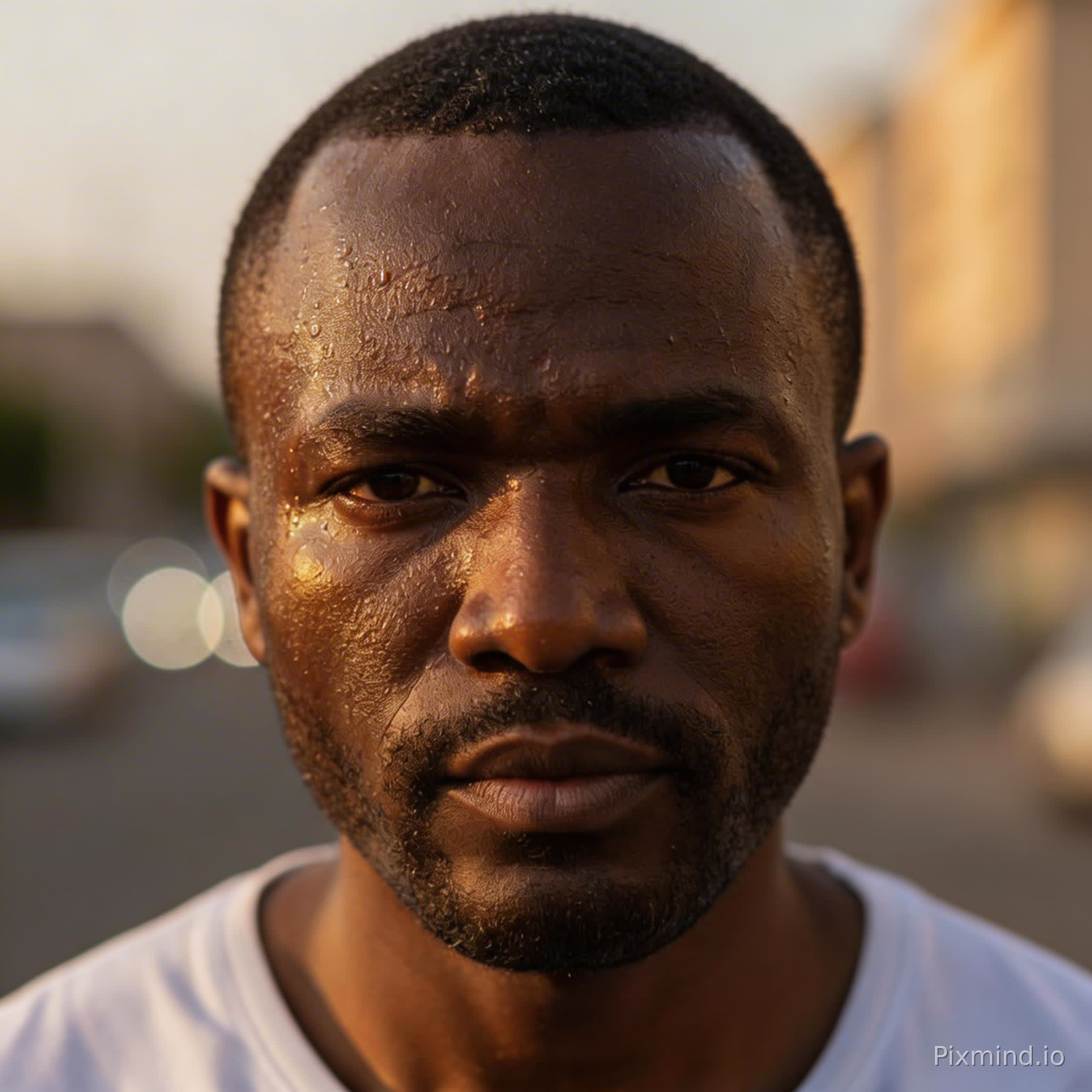 ### Natural Description of the Image
This is a photorealistic close-up outdoor portrait, with a middle-aged Black man at the center of the frame. He has neat short cropped black hair and short facial stubble, and clear sweat droplets are scattered on his deep brown skin, looking as if he has just finished exercising. He wears a white crew-neck T-shirt with obvious sweat marks on the chest, has a serious and calm expression, and is staring directly at the camera. Warm golden side light from dusk falls on his face, the background is a blurred urban street scene with soft out-of-focus bokeh effect. The overall style is authentic and natural, with delicate details and texture.
---
### Detailed Prompt for AI Painting Models
```
photorealistic ultra-detailed close-up bust portrait, mid-adult Black man, short cropped black hair, dark short stubble beard, deep rich dark brown skin, visible sweat droplets on facial skin, serious calm expression, staring directly at camera, plain white crew neck t-shirt, obvious sweat wet stains on t-shirt chest, golden hour warm sunset side lighting, warm golden glow on skin, outdoor urban street background, shallow depth of field, soft bokeh blur background, professional portrait photography, sharp focus on subject face, clear natural skin texture, 8k resolution, cinematic natural lighting, authentic realistic texture
```