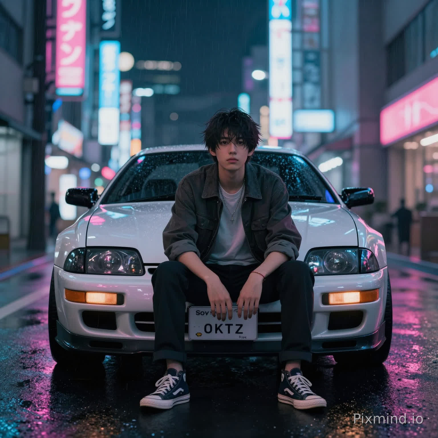A cool young man sitting confidently in front of a Toyota Supra MK4, 1990s Tokyo night, neon lights glowing in Japanese signs, wet asphalt reflecting pink and blue lights, cyberpunk atmosphere, lofi anime style, dark aesthetic, soft rain falling, cinematic lighting, depth of field, ultra realistic, highly detailed face, stylish streetwear, moody vibe, 4K, masterpiece