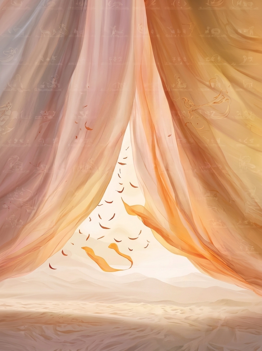 Please remove the text from the image and the person in the bottom right corner. Make the Dunhuang patterns on the curtains lighter to create a hazy effect.