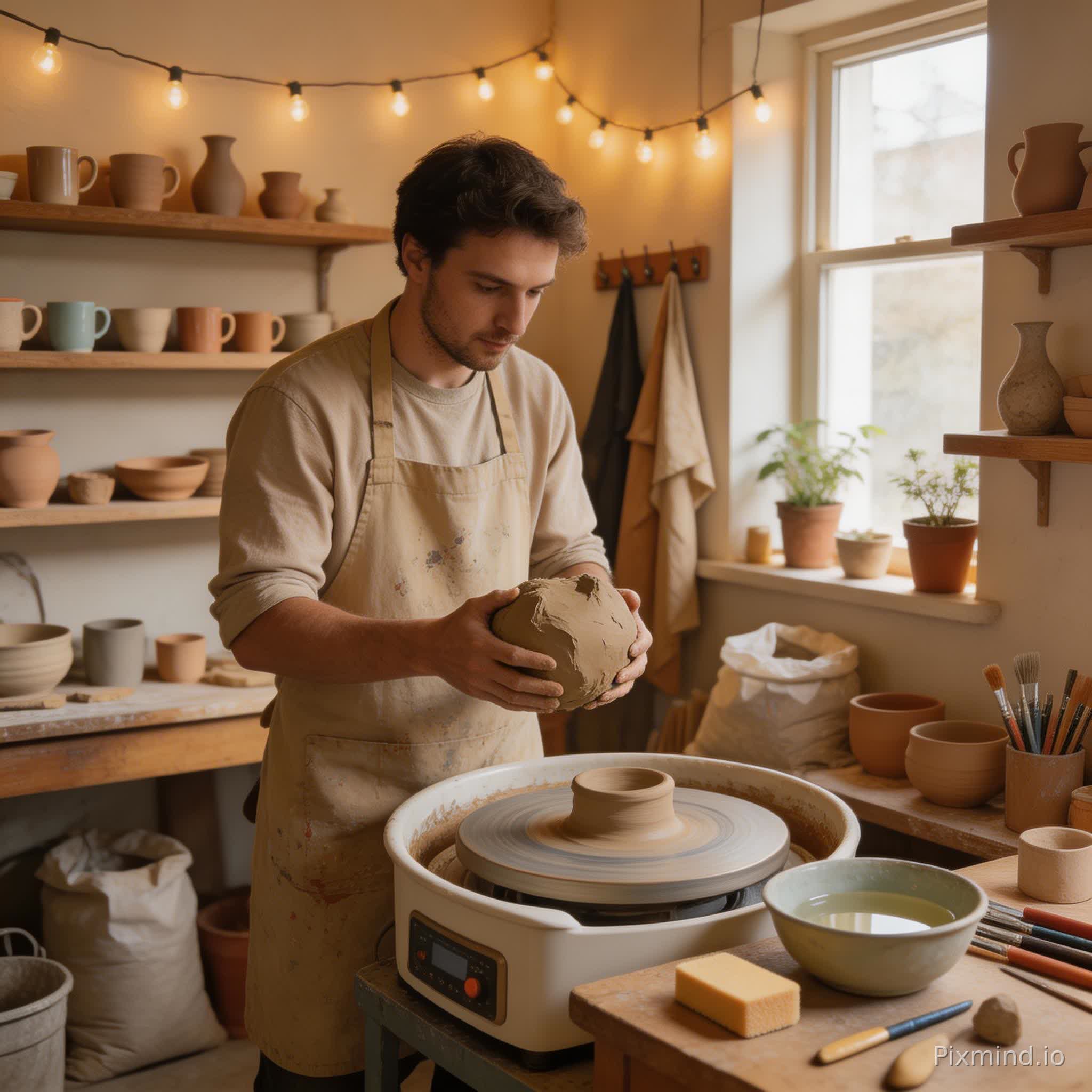 Je veux une vidéo d'un potier qui se prépare à fabriquer des poteries à l'intérieur de son petit atelier.
هل تودّ أن أبحث لك عن فيديوهات حقيقية لهذا المشهد؟