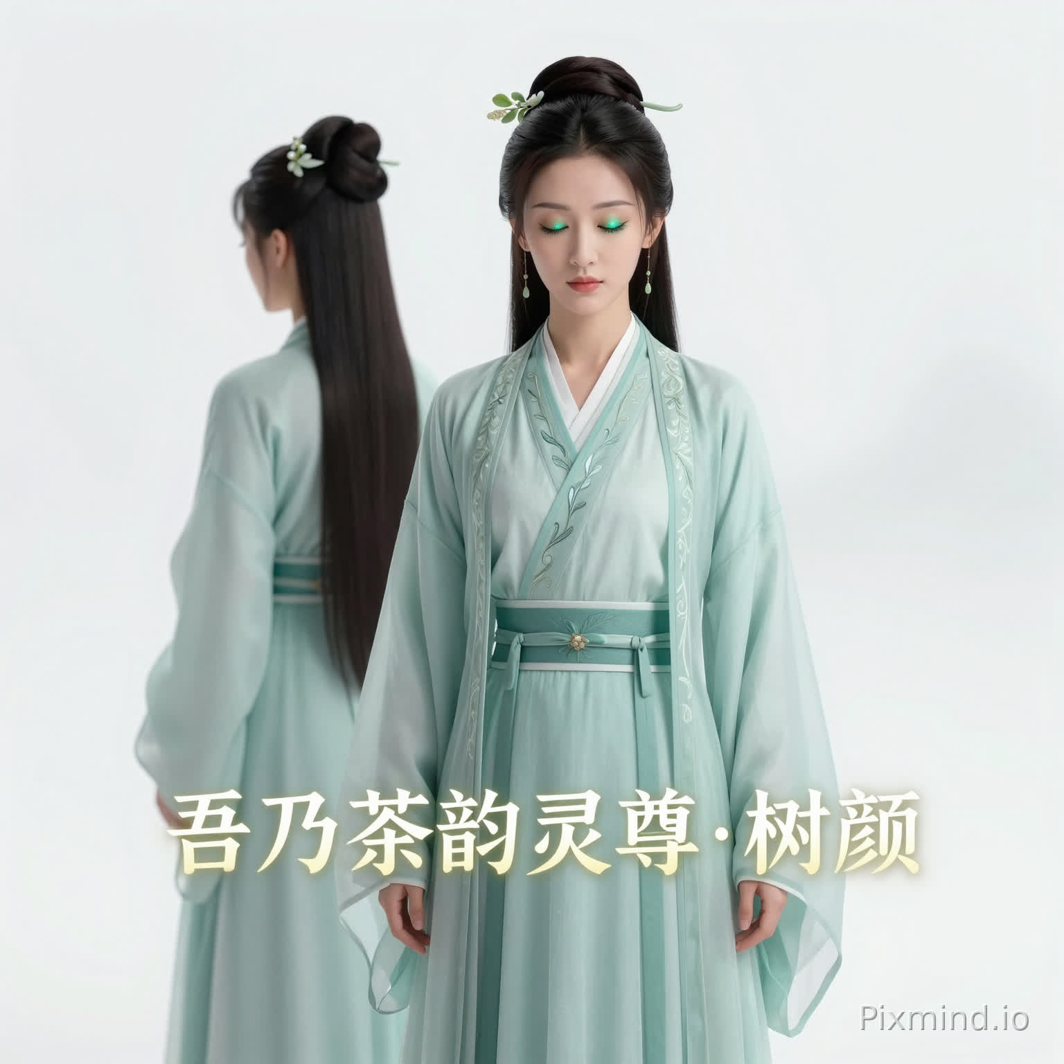 3D仙侠,UE5渲染,纯白极简背景,仙雾散开。女主角树颜,严格匹配参考图:身高180cm、三七黄金比例、浅青汉唐交领仙袍、茶枝暗绣、高束发玉簪茶饰。镜头从正面平滑转到左侧面再转到背面,最后回到正面定格。她双眼轻闭,然后缓缓睁开,瞳孔泛起青绿茶纹灵光。无文字无字幕。电影级光影,16:9,15秒中的前3秒。
字幕文本:吾乃茶韵灵尊·树颜。
字幕配套图提示词(用于生成静态字幕底图或后期叠加):
纯白极简背景,下方居中位置,仙韵风格白色/金色字体,文字“吾乃茶韵灵尊·树颜”,无人物,仅文字与柔和光晕,16:9,高清。