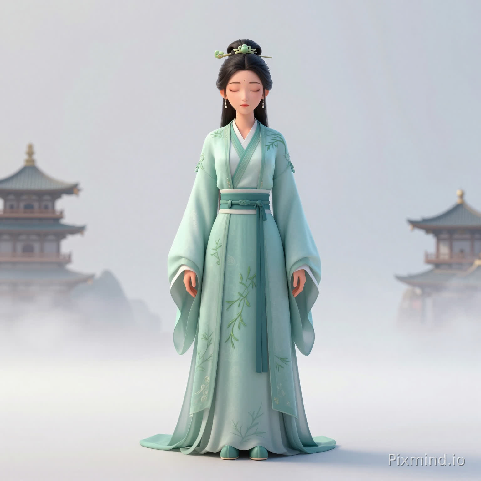 严格执行参考附件图。
场景环境:纯白极简空间,无边无际,地面为淡白色磨砂质感,柔和仙雾从地面升起,弥漫至膝盖高度。无任何现代元素。
人物姿态动作:树颜(女,3D仙侠建模,180cm身高,三七黄金比例上身30%/下身70%,浅青汉唐交领仙袍,茶枝暗绣纹样遍布衣襟和袖口,高束发,玉簪茶饰插入发髻,面部特征:清雅鹅蛋脸,柳眉杏眼,鼻梁高挺,嘴唇淡粉)正面站立,双手自然垂于身侧,双眼轻闭,呼吸平稳。仙袍下摆自然垂坠,无风自动轻微飘动。
构图:中景,固定,中心构图,树颜全身占画面2/3,头顶留白1/3。
光影色调:柔和电影光,主光源从正面偏上45°照射,面部无阴影,仙袍茶纹暗绣在高光下隐约可见。背景纯白无杂色。
台词字幕:无。
负面约束:无现代元素,无手机,无电力设备,无现代建筑,无字幕,无水印,无白线,无网格,无边框,无文字,无标点。
风格后缀:3D仙侠动漫,参考《剑来》《仙逆》《凡人修仙传》,UE5渲染,8K,24fps,16:9横版,电影级布光,体积光,高细节,唐代长安背景,非真实人类,游戏CG模型,卡通渲染。