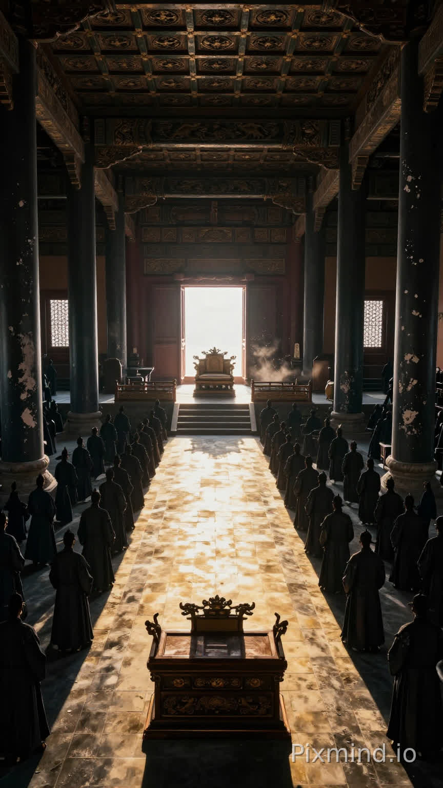 正向提示词:9:16 竖屏,电影级画面,张艺谋风格,古代皇宫大殿空镜。宏大朝堂呈回字形对称结构,殿顶藻井盘龙纹若隐若现。画面最前景为殿门对面,设置多级宽阔台阶,龙椅安放在台阶最高处;台阶下方是群臣站立的区域,龙椅背对镜头,面向殿门射入的光线。殿门位于画面深处,是唯一光源。阳光从殿门劈入,在金砖地面切割出一条贯穿大殿的亮光带,仅光带区域明亮,台阶下及殿内其余区域为深邃暗调。两侧是群臣空置站位的对称方形阴影,案几上斜倚着朝笏,木纹被光线勾勒出立体感。墨色殿柱对称排列在光带两侧,柱身斑驳漆皮在高对比光影下呈现明暗交错纹理。广角镜头从龙椅向殿门推进,殿内空无一人,只有风卷着细碎尘埃在光带中浮动。8K 超高清,细节丰富,高对比光影,强烈纵深感,对称构图,电影质感。
反向提示词:禁止龙椅在台阶下,龙椅与殿门在同一位置,龙椅在画面深处 / 殿门口,龙椅朝向镜头,画面整体过亮 / 过暗,透视错误,构图杂乱,人物出现,现代元素,多余物体,变形扭曲,低分辨率,模糊。