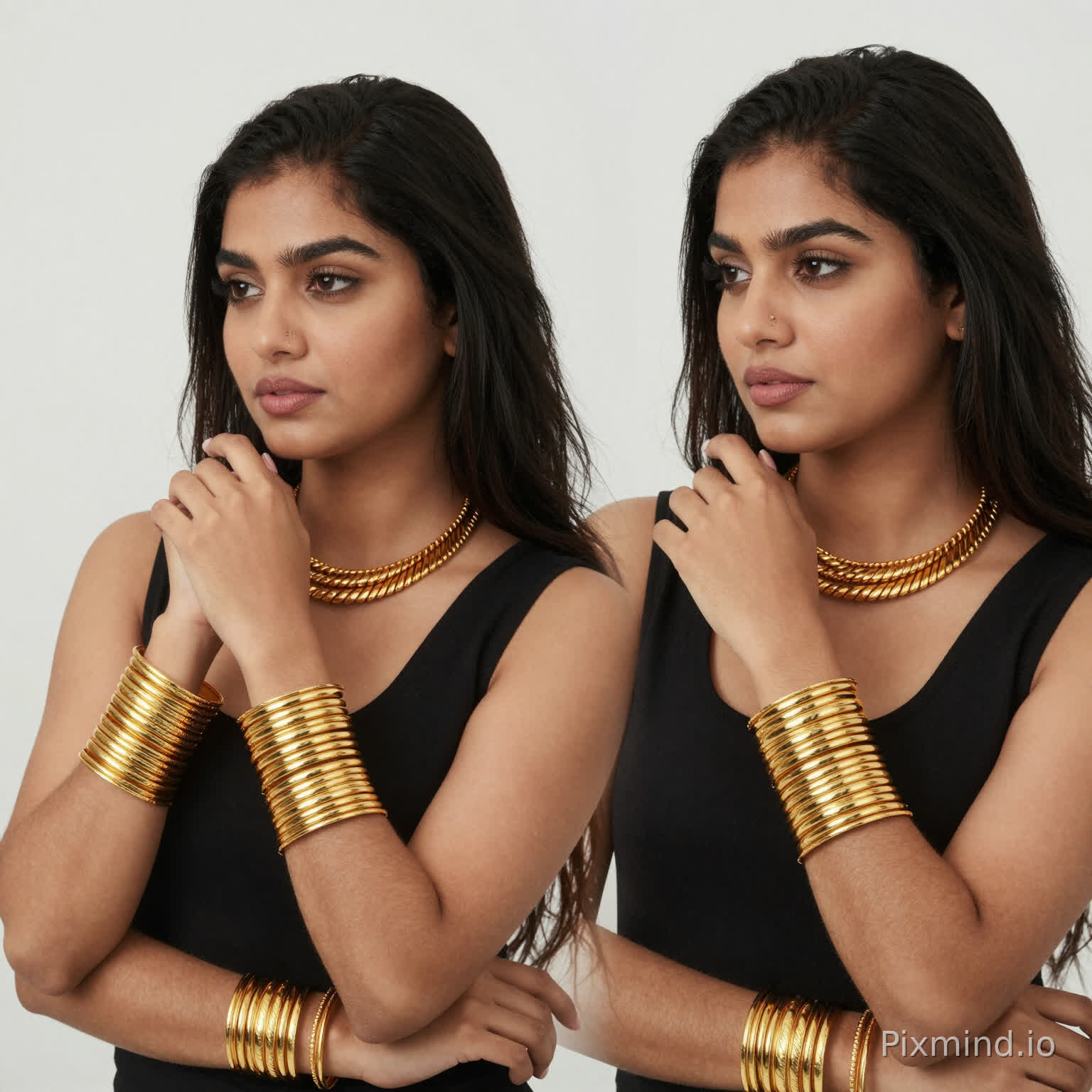 keep the same first image just add the two women in the second image and the 3-10 images.
ADD to the woman in the first image same gold bangles she wearing on her both hands 4 bangles on each hand, keep same design, these large bangles on her right hand The bangles sit low on the wrist, very close to the junction between the wrist and the base of the hand.
the woman on the 3-10 images pose on the right side with the head shot of the third image while keeping the black sleeveless clothes she's wearing on other images with her gold bangles on both wrists.
THE women in the second image pose slightly close behind the woman in first image keep her the same pose, facial, bodyshape, jewelry...
all three woman are wearing that thick gold necklace in the last image.
keep Each woman is different shapes & designs of gold bangles just like in the images,
The bangles sit low on the women wrists, very close to the junction between the wrist and the base of the hand.