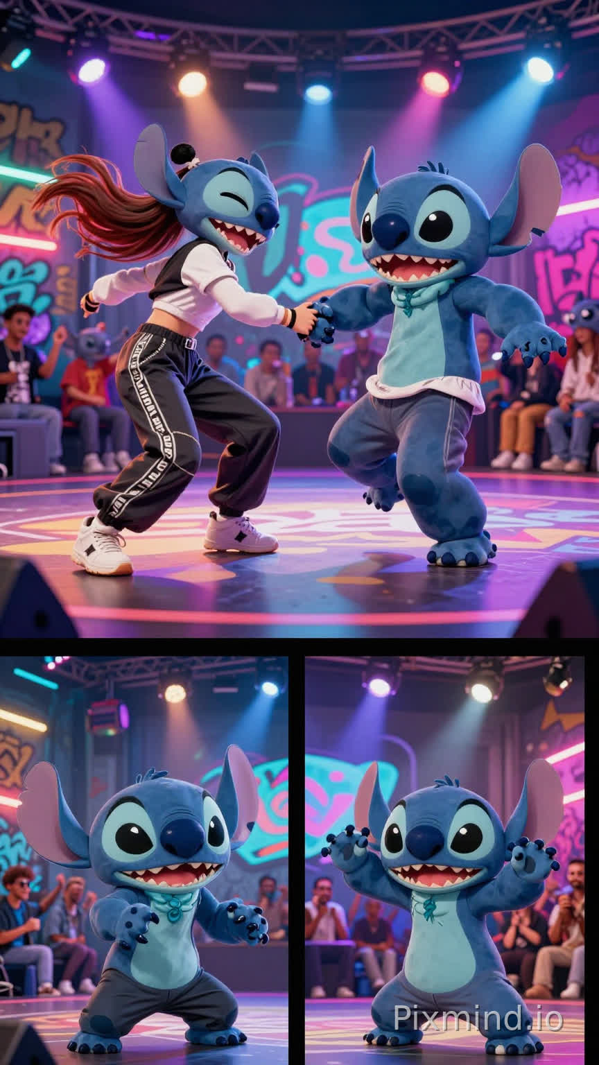 A humanoid female stitch in stylish streetwear steps into a neon-lit urban dance stage to battle another breakdancing male stitch. As the rai algeria track kicks in, the two stitchs start a wild dance-off—spinning, locking, popping, and head-spinning in sync with the beat. The music directly drives their movement, with every bass hit triggering exaggerated, stylized animation. During beat drops, the camera cuts to slow-motion close-ups: fur sways mid-spin, claws strike poses, eyes focused with intensity. The environment is full of urban flavor: graffiti walls, flashing lights, and a crowd of other animals cheering wildly. It's hilarious, dynamic, and full of dance battle energy—like algeria rai dance, but with stitchs.