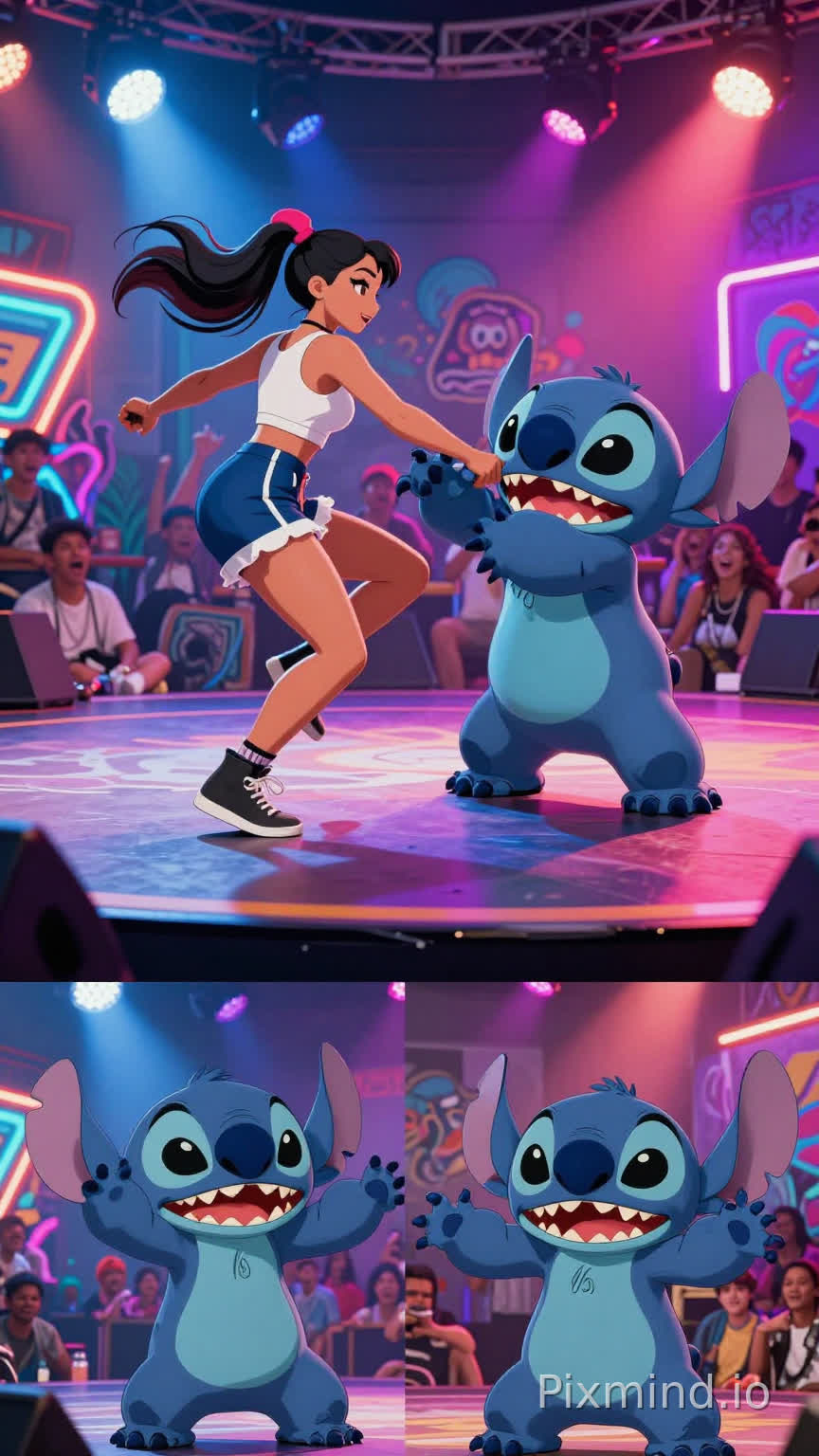 A humanoid female stitch She has a unique body with a huge butt.. in stylish streetwear steps into a neon-lit urban dance stage to battle another breakdancing male stitch He is fat and has a large belly. As the rai algeria track kicks in, the two stitchs start a wild dance-off—spinning, locking, popping, and head-spinning in sync with the beat. The music directly drives their movement, with every bass hit triggering exaggerated, stylized animation. During beat drops, the camera cuts to slow-motion close-ups: fur sways mid-spin, claws strike poses, eyes focused with intensity. The environment is full of urban flavor: graffiti walls, flashing lights, and a crowd of other animals cheering wildly. It's hilarious, dynamic, and full of dance battle energy—like algeria rai dance, but with stitchs.